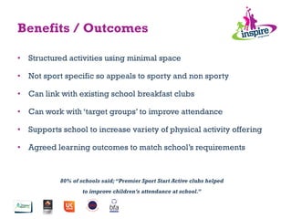 80% of schools said;“Premier Sport Start Active clubs helped
to improve children’s attendance at school.”
Benefits / Outcomes
•  Structured activities using minimal space
•  Not sport specific so appeals to sporty and non sporty
•  Can link with existing school breakfast clubs
•  Can work with ‘target groups’ to improve attendance
•  Supports school to increase variety of physical activity offering
•  Agreed learning outcomes to match school’s requirements
 