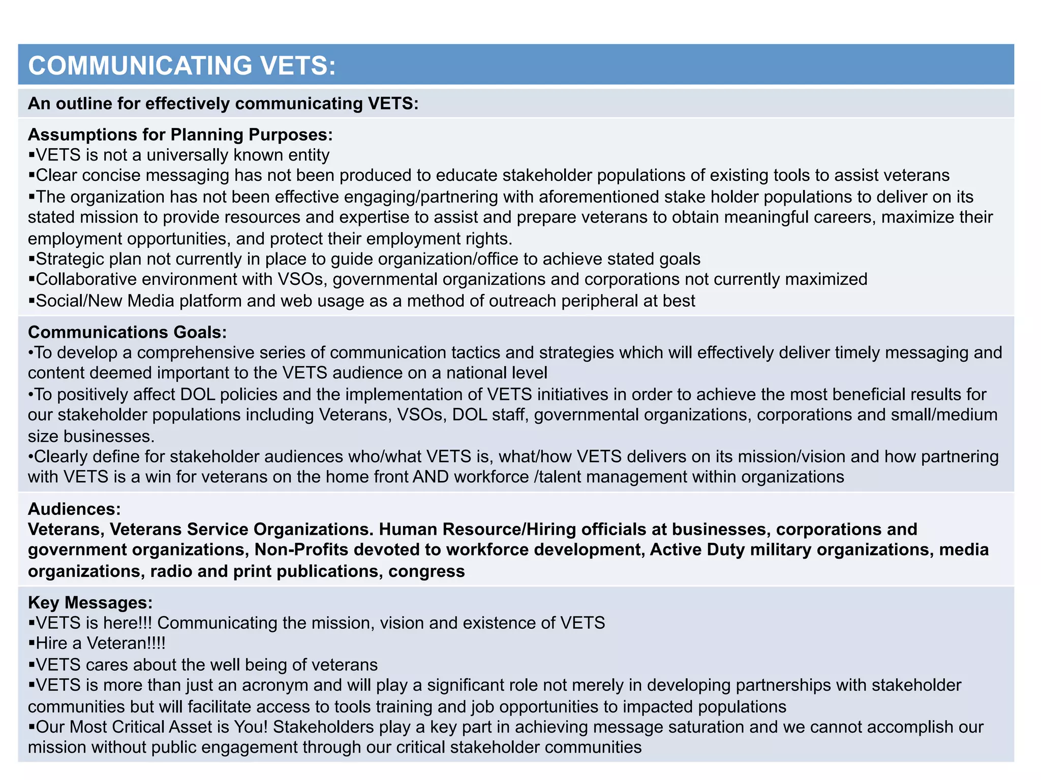 COMMUNICATING VETS:
An outline for effectively communicating VETS:
Assumptions for Planning Purposes:
§ VETS is not a universally known entity
§ Clear concise messaging has not been produced to educate stakeholder populations of existing tools to assist veterans
§ The organization has not been effective engaging/partnering with aforementioned stake holder populations to deliver on its
stated mission to provide resources and expertise to assist and prepare veterans to obtain meaningful careers, maximize their
employment opportunities, and protect their employment rights.
§ Strategic plan not currently in place to guide organization/office to achieve stated goals
§ Collaborative environment with VSOs, governmental organizations and corporations not currently maximized
§ Social/New Media platform and web usage as a method of outreach peripheral at best
Communications Goals:
• To develop a comprehensive series of communication tactics and strategies which will effectively deliver timely messaging and
content deemed important to the VETS audience on a national level
• To positively affect DOL policies and the implementation of VETS initiatives in order to achieve the most beneficial results for
our stakeholder populations including Veterans, VSOs, DOL staff, governmental organizations, corporations and small/medium
size businesses.
• Clearly define for stakeholder audiences who/what VETS is, what/how VETS delivers on its mission/vision and how partnering
with VETS is a win for veterans on the home front AND workforce /talent management within organizations
Audiences:
Veterans, Veterans Service Organizations. Human Resource/Hiring officials at businesses, corporations and
government organizations, Non-Profits devoted to workforce development, Active Duty military organizations, media
organizations, radio and print publications, congress
Key Messages:
§ VETS is here!!! Communicating the mission, vision and existence of VETS
§ Hire a Veteran!!!!
§ VETS cares about the well being of veterans
§ VETS is more than just an acronym and will play a significant role not merely in developing partnerships with stakeholder
communities but will facilitate access to tools training and job opportunities to impacted populations
§ Our Most Critical Asset is You! Stakeholders play a key part in achieving message saturation and we cannot accomplish our
mission without public engagement through our critical stakeholder communities
 