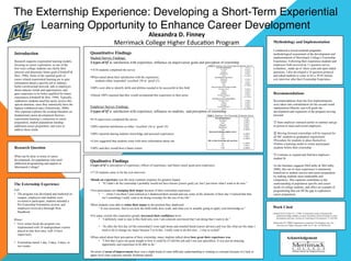 Introduction
Research supports experiential learning models,
focusing on career exploration, as one of the
best ways college students can clarify their
interests and determine future goals (Orndorff &
Herr, 1996). Some of the reported goals of
career related experiential learning are to gain
information about a specific job or industry,
build a professional network, talk to employers
about industry trends and opportunities, and
gain experience to be better qualified for future
experiences (Orndorff & Herr, 1996). Typically,
sophomore students need but rarely receive this
special attention, since they statistically have the
highest withdrawal rates (Tobolowsky, 2008).
This capstone explores the existing literature on:
fundamental career development theories,
experiential learning’s connection to career
preparation, student populations needing
additional career preparation, and ways to
address these needs.
Methodology and Implementation
I conducted a mixed methods pragmatic
methodological assessment of the development and
implementation of Merrimack College’s Externship
Experience. Following their experience students and
employers both received an 11 question survey
evaluation., made up of likert scale and open ended
questions. I also developed a 16 question protocol
and asked students to come in for a 30-45 minute
exit interview after their Externship Experience.
Quantitative Findings
Student Survey Findings:
3 types of Q s: satisfaction with experience, influence on major/career goals and perception of externship
• 14/18 students completed the survey
• When asked about their satisfaction with the experience,
students either responded ‘excellent’ (9) or ‘good’ (5)
• 100% were able to identify skills and abilities needed to be successful in this field
• Almost 100% reported that they would recommend this experience to their peers
Employer Survey Findings:
3 types of Q s: satisfaction with experience, influence on students, and perception of externship
• 8/14 supervisors completed the survey
• 100% reported satisfaction as either ‘excellent’ (4) or ‘good’ (4)
• 100% reported sharing industry knowledge and personal experiences
• A few suggested that students come with more information about site
• 100% said they would host a future extern
Recommendations
Recommendations from the first implementation
were taken into consideration for the second round
implantation (March), and will guide the
development and expansion of the program moving
forward:
① Start employer outreach earlier in summer and go
in person to meet and recruit employers
② Moving forward externships will be required for
all MC students as graduation requirement:
• Procedure for students to place themselves
• Online e-learning model to orient and prepare
students before their externship
① Continue to expand and find best employer-
student fit
As the literature suggests (McCarthy & McCarthy,
2006), this out of class experience is immensely
beneficial to student success and career preparation
by making students more marketable and
competitive. This capstone contributes to the
understanding of population specific and career
needs of college students, and offers an example of
programming that can fill the gap in sophomore
career preparation.
Alexandra	
  D.	
  Finney	
  
Merrimack	
  College	
  Higher	
  Educa3on	
  Program	
  
Work Cited
"
Orndorff, R.M. & Herr, E.L. (1996). A comparative study of declared and
undeclared college students on career uncertainty and involvement in career
development activities. Journal of Counseling & Development, 74, 632-638.
Tobolowsky B.F. (2008). Sophomores in transition: The forgotten year. New
Directions for Higher Education 2008, 59–67. doi: 10.1002/he.326
The Externship Experience: Developing a Short-Term Experiential
Learning Opportunity to Enhance Career Development"
Qualitative Findings
3 types of Q s: perception of experience, effects of experience, and future career goals post-experience
• 17/18 students came in for the exit-interview
• Hands on experience was the most common response for greatest impact.
•  “If I didn’t do the externship I probably would not have known [career goal] yet, but I just know what I want to do now.”
• Two participants are changing their major because of their externship experience.
•  “…while I was there I just realized as I shadowed them around and saw some of the elements of their day I realized that that
isn’t something I really want to be doing everyday for the rest of my life.”
• Most students were able to relate their major to the position they shadowed.
“ It was awesome. Just to see how the field really does work, and what you’re actually going to apply your knowledge to.”
• For many externs this experience greatly increased their confidence level.
•  “I definitely want to stay in this field now, now I am concrete convinced that I am doing that I want to do.”
•  “So after the first day [of the externship] I went right home and emailed Sarah [career advisor] and was like what are the steps I
need to do to change my major because I’m in this. I really want to do this now…I was so exited!”
• When asked about their perception of their externship, many students talked about how great their experience was.
•  “I feel that it gave me great insight to how it could be if I did this job and I was just speechless. It was just an amazing
opportunity and experience to be able to do.”
• In terms of areas of improvement there was a slight trend of some difficulty understanding or relating to concepts because of a lack in
upper level class exposure (mostly freshman stated).
Acknowledgement
"
Research Question
What can be done in terms of career
development, for populations who need
additional programming and support at
Merrimack College?
The Externship Experience
Fall
•  The program was developed and marketed on
campus, employers and students were
recruited to participate, students attended a
Pre-Externship Orientation session, and
employers received a thorough Host
Handbook.
Winter
•  Over winter break the program was
implemented with 18 undergraduate externs
placed at nine host sites, with 14 host
supervisors.
•  Externships lasted 1-day, 2-days, 5-days, or
two weeks.
Table 1. Employer- Post Externship Evaluation Survey
Overall Satisfaction N (%)
Excellent 4 (50%)
Good 4 (50%)
Marginal 0 (0%)
Satisfactory 0 (0%)
Total 8 (100%)
Interested in hosting another extern
Yes 8 (100%)
No 0 (0%)
Total 8 (100%)
Able to share knowledge and experience
Yes 8 (100%)
No 0 (0%)
Total 8 (100%)
Table 2. Student- Post Externship Evaluation Survey
Overall Satisfaction N (%)
Excellent 9 (64%)
Good 5 (36%)
Marginal 0 (0%)
Satisfactory 0 (0%)
Total 14 (100%)
Recommend experience
Definitely 13 (93%)
Probably 1 (7%)
Maybe 0 (0%)
No 0 (0%)
Total 14 (100%)
Host provided knowledge of field
Strongly Agree 9 (64%)
Agree 5 (36%)
Neutral 0 (0%)
Disagree 0 (0%)
Strongly Disagree 0 (0%)
Total 14 (100%)
Identified needed skills/abilities
Strongly Agree 7 (50%)
Agree 7 (50%)
Neutral 0 (0%)
Disagree 0 (0%)
Strongly Disagree 0 (0%)
Total 14 (100%)
 