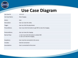 Use Case Diagram
Use Case ID: UC-3.2.2
Use Case Name: View Imaging
Actors: User
Description: User can view the video.
Trigger: User can click the play button
Preconditions: User must click the button to get ROI to view the imaging
Postconditions: User can view the Imaging
Normal Flow: 1. User must click the button to obtain ROI
2. User can view the imaging
Exceptions: User must be connected to the server.
Includes: Internet connection
Assumptions: User is connected to the server
 