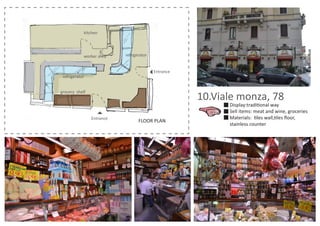 FLOOR PLAN
10.Viale monza, 78
Display:traditional way
Sell items: meat and wine, groceries
Materials: tiles wall,tiles ﬂoor,
stainless counter
worker area
grocery shelf
kitchen
refrigerator
refrigerator
Entrance
Entrance
 