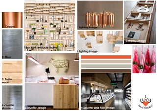 2. Floor
5.Packed products display
3. Table
wood
4.counter
stainless 6.counter_image
8.lighting image
10.display image
9.counter and floor_image
1. Copper 7.lighting image
 
