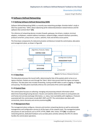 Deployment of a Software-Defined Network Testbed on the Cloud
Dissertation (15LLP501)
Jasjoot Singh Mudhar
Loughborough University | Dissertation
9
3) Software Defined Networking
3.1) Defining Software Defined Networking (SDN)
Software Defined Networking (SDN) is a recently new networking paradigm. Brandon Heller’s study in
2012 has quoted that, “SDN is about refactoring of the relationship between network devices and the
software that controls them” [33].
The reference of networking devices includes firewalls, gateways, line drivers, modems, terminal
adapters, multiplexers, network address translators, network bridges, network interface controllers,
protocol converters, proxy servers, routers, switches, hubs and wireless access points.
The three basic components of a telecommunication architecture include the control plane, data plane
and management plane, as shown in Figure B.
3.1.1) Data Plane
The data plane processes the transit traffic, determining the fate of the packets which arrive on an
ingress interface. Packets are sent through the ‘fabric’ which interconnect both the ingress and egress
interfaces. The data plane also includes forwarding, routing and ARP tables as well as tagging, re-tagging
and queuing. The data plane essentially enforces the commands of the control plane [34].
3.1.2) Control Plane
The control plane focusses on collecting, managing and processing network information which
determines forwarding/routing decisions. Routers and switches determine where to send packets (L3)
and frames (L2) and also exchange information, i.e. status, host reachability with neighbours. Protocols
associated with the control plane include BGP, OSPF and STP. The control plane also deals with
connectivity, device discovery and service provisioning [35].
3.1.3) Management Plane
The management plane configures, interacts and monitors networking devices as well as and provide
managements and configuration services to all the layers of the network stack. The management plane
also possess its own protocols such as HTTP, HTTPS, SNMP, SHH, Telnet, TFTP [36]. In traditional
networking devices, dedicated hardware carry out data plane activities whereas the CPU of a device
handles the control plane operations.
(Forwarding)
DATA PLANE
(Algorithms, Protocols, Tables)
CONTROL PLANE
(Configuration CLI/GUI)
MANAGEMENT PLANE
Frame IN Frame OUT
Unknown
Packets
Forwarding
Behaviour
Figure B: The Planes of Network Elements
 
