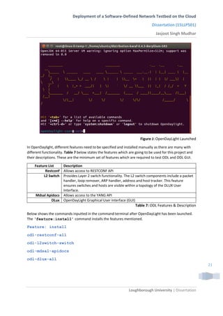Deployment of a Software-Defined Network Testbed on the Cloud
Dissertation (15LLP501)
Jasjoot Singh Mudhar
Loughborough University | Dissertation
21
Figure J: OpenDayLight Launched
In OpenDaylight, different features need to be specified and installed manually as there are many with
different functionality. Table 7 below states the features which are going to be used for this project and
their descriptions. These are the minimum set of features which are required to test ODL and ODL GUI.
Feature List Description
Restconf Allows access to RESTCONF API
L2 Switch Provides Layer 2 switch functionality. The L2 switch components include a packet
handler, loop remover, ARP handler, address and host tracker. This feature
ensures switches and hosts are visible within a topology of the DLUX User
Interface.
Mdsal Apidocs Allows access to the YANG API
DLux OpenDayLight Graphical User Interface (GUI)
Table 7: ODL Features & Description
Below shows the commands inputted in the command terminal after OpenDayLight has been launched.
The ‘feature:install’ command installs the features mentioned.
Feature: install
odl-restconf-all
odl-l2switch-switch
odl-mdsal-apidocs
odl-dlux-all
 
