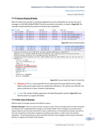 Deployment of a Software-Defined Network Testbed on the Cloud
Dissertation (15LLP501)
Jasjoot Singh Mudhar
Loughborough University | Dissertation
30
5.5.2) Features Request & Reply
After the switch and controller successfully negotiate the version of OpenFlow to use, the next set of
messages is a FEATURES REQUEST/REPLY from the controller to the switch, as shown in Figure O4. The
controller initially identifies the switch and reads its basic capabilities.
Figure O4: Features Request/Reply
Figure O5: Features Reply from Switch to Controller
 datapath_id: This is a unique identifier for the switch where the lower 48-bits are for a MAC
address whereas the upper 16 bits are implementer-defined (i.e. HP switches uses VLAN ID). The
device could also be a router, firewall or load balancer.
 n_table: The number of tables supported in the OpenFlow pipeline (switch). Figure O5 shows
that this switch can support 254 tables.
5.5.3) Other Types of Messages
Different types of message requests have different outputs.
Multipart Messages: These are used to encode, request or reply. These carry large amounts of data and would
not always fit into a single OpenFlow message as it is limited to 64kb. These messages are primarily used to
request statistics, port and state information as well as table features. For example the controller may wish to
learn the manufacturer information, hardware and software description, in order to learn the switches
capabilities. These functionalities are what make SDN controllers more intelligent, which help to make better
decisions in regards to the health of the network.
 
