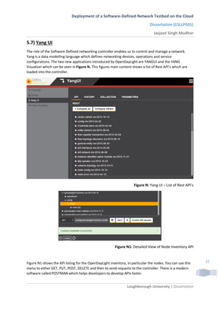 Deployment of a Software-Defined Network Testbed on the Cloud
Dissertation (15LLP501)
Jasjoot Singh Mudhar
Loughborough University | Dissertation
32
5.7) Yang UI
The role of the Software Defined networking controller enables us to control and manage a network.
Yang is a data modelling language which defines networking devices, operations and service
configurations. The two new applications introduced by OpenDayLight are YANGUI and the YANG
Visualizer which can be seen in Figure N. This figures main content shows a list of Rest API’s which are
loaded into the controller.
Figure N: Yang UI – List of Rest API’s
Figure N1: Detailed View of Node Inventory API
Figure N1 shows the API listing for the OpenDayLight inventory, in particular the nodes. You can use this
menu to either GET, PUT, POST, DELETE and then to send requests to the controller. There is a modern
software called POSTMAN which helps developers to develop APIs faster.
 