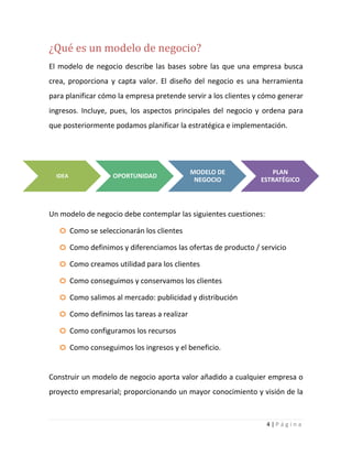 4 | P á g i n a
¿Qué es un modelo de negocio?
El modelo de negocio describe las bases sobre las que una empresa busca
crea, proporciona y capta valor. El diseño del negocio es una herramienta
para planificar cómo la empresa pretende servir a los clientes y cómo generar
ingresos. Incluye, pues, los aspectos principales del negocio y ordena para
que posteriormente podamos planificar la estratégica e implementación.
Un modelo de negocio debe contemplar las siguientes cuestiones:
o Como se seleccionarán los clientes
o Como definimos y diferenciamos las ofertas de producto / servicio
o Como creamos utilidad para los clientes
o Como conseguimos y conservamos los clientes
o Como salimos al mercado: publicidad y distribución
o Como definimos las tareas a realizar
o Como configuramos los recursos
o Como conseguimos los ingresos y el beneficio.
Construir un modelo de negocio aporta valor añadido a cualquier empresa o
proyecto empresarial; proporcionando un mayor conocimiento y visión de la
IDEA OPORTUNIDAD
MODELO DE
NEGOCIO
PLAN
ESTRATÉGICO
 