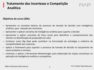 MBA em Big Data (Data Science) 4
Prof. Nivaldo Tadeu Marcusso
Objetivos do curso (20h):
– Apresentar os conceitos básicos do processo de tomada da decisão com inteligência
analítica, para redução das incertezas.
– Apresentar e aplicar conceitos de inteligência analítica para suporte a decisão
– Apresentar e aplicar conceitos de física social para identificar o comportamento dos
clientes na identificação da proposição de valor.
– Conhecer como Big Data pode contribuir na formulação da estratégia e melhoria da
competitividade das empresas.
– Aplicar o framework para suportar o processo de tomada de decisão no lançamento de
novos produtos e serviços.
– Conhecer e aplicar a ferramenta Mindmanager para elaboração de mapas conceituais na
aplicação da inteligência analítica e competitiva.
Tratamento das Incertezas e Competição
Analítica
 