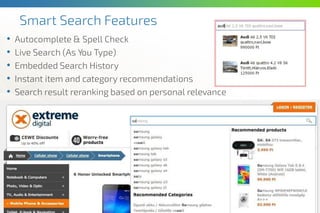 Smart Search Features
• Autocomplete & Spell Check
• Live Search (As You Type)
• Embedded Search History
• Instant item and category recommendations
• Search result reranking based on personal relevance
 