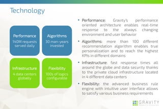 Technology
• Performance: Gravity’s performance
oriented architecture enables real-time
response to the always changing
environment and user behavior
• Algorithms: more than 100 different
recommendation algorithm enables true
personalization and to reach the highest
KPIs in different domains
• Infrastructure: fast response times all
around the globe and data security thanks
to the private cloud infrastructure located
in 4 different data centers
• Flexibility: the advanced business rule
engine with intuitive user interface allows
to satisfy various business requirements
Performance
140M requests
served daily
Algorithms
30 man-years
invested
Infrastructure
4 data centers
globally
Flexibility
100s of logics
configurable
 