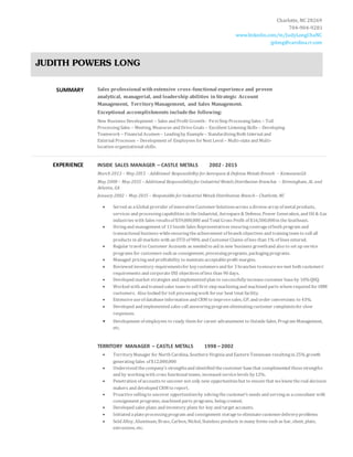 Charlotte, NC 28269
704-904-9281
www.linkedin.com/in/JudyLongChaNC
jplong@carolina.rr.com
JUDITH POWERS LONG
SUMMARY Sales professional with extensive cross-functional experience and proven
analytical, managerial, and leadership abilities inStrategic Account
Management, TerritoryManagement, and Sales Management.
Exceptional accomplishments includethe following:
New Business Development – Sales and Profit Growth- FirstStep ProcessingSales – Toll
ProcessingSales – Meeting, Measures and DriveGoals – Excellent ListeningSkills – Developing
Teamwork – Financial Acumen – Leadingby Example – StandardizingBoth Internal and
External Processes – Development of Employees forNext Level – Multi-stateand Multi-
location organizational skills.
EXPERIENCE INSIDE SALES MANAGER – CASTLE METALS 2002 - 2015
March 2013 – May 2015 - Additional Responsibility forAerospace & Defense Metals Branch – Kennesaw.GA
May 2008 – May 2015 –Additional ResponsibilityforIndustrial Metals Distribution Branches – Birmingham, AL and
Atlanta, GA
January 2002 – May 2015 – Responsible for Industrial Metals Distribution Branch– Charlotte, NC
 Served as a Global provider of innovativeCustomerSolutionsacross adiversearrayof metal products,
services and processingcapabilities in theIndustrial, Aerospace& Defense, Power Generation, and Oil & Gas
industries with Sales resultsof $59,000,000 and Total Gross Profit of $16,500,000in theSoutheast.
 Hiringand management of 13 InsideSales Representatives ensuringcoverageof both program and
transactional business whileensuringtheachievement of branch objectives and trainingteam to sell all
products in all markets with an OTD of 98% and CustomerClaims of less than 1% of lines entered.
 Regular travel to Customer Accounts as needed to aid in new business growthand also to set up service
programs for customers such as consignment, processingprograms, packagingprograms.
 Managed pricingand profitability to maintain acceptableprofit margins.
 Reviewed inventory requirementsfor keycustomers and for 3 branches toensurewemet both customers’
requirements and corporateDSI objectivesof less than 90 days.
 Developed market strategies and implemented plan to successfullyincreasecustomer base by 10%Q0Q.
 Worked with and trained sales team to sell first step machiningand machined parts whererequired for OEM
customers. Also looked for toll processingwork forour heat treat facility.
 Extensiveuseof databaseinformation and CRM to improvesales, GP, and order conversions to 43%.
 Developed and implemented sales call answeringprogram eliminatingcustomer complaintsfor slow
responses.
 Development of employees to ready them for career advancement to OutsideSales, Program Management,
etc.
TERRITORY MANAGER – CASTLE METALS 1998 – 2002
 TerritoryManager for North Carolina, Southern Virginiaand Eastern Tennessee resultingin 25% growth
generatingSales of $12,000,000
 Understood thecompany’s strengthsand identified thecustomer basethat complimented thosestrengths
and by workingwith cross functional teams, increased servicelevels by12%.
 Penetration of accounts to uncover not only new opportunitiesbut to ensurethat weknewthereal decision
makers and developed CRM to report.
 Proactivesellingto uncover opportunitiesby solvingthecustomer’s needs and servingas aconsultant with
consignment programs, machined parts programs, beingcreated.
 Developed sales plans and inventory plans for key and target accounts.
 Initiated aplateprocessingprogram and consignment storageto eliminatecustomerdeliveryproblems
 Sold Alloy, Aluminum, Brass, Carbon, Nickel, Stainless products in many forms such as bar, sheet, plate,
extrusions, etc.
 