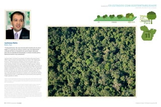 40 The Nature Conservancy I tnc.org.br A Natureza Importa I The Nature Conservancy 41
DESENVOLVE os estados com sustentabilidade
EMPOWERS the states to be sustainable
Justiniano Netto
Belém, Pará
“O desmatamento não será vencido pela iniciativa de um único
órgão. É a soma de um esforço comum, que visa desenvolver
o estado do Pará e a Amazônia em outras bases, deixando
para trás um passado de devastação e criando as bases para o
desenvolvimento rural sustentável.”
Justiniano Netto é secretário extraordinário do Programa Municípios Verdes
(PMV), órgão do Governo do Estado do Pará com o qual a TNC trabalha para
promover o desenvolvimento sustentável. A frase do secretário refere-se à
notícia de que o desmatamento na Amazônia caiu, em julho de 2012, para os
níveis mais baixos desde o início das medições, em 1988. Segundo o Instituto
Nacional de Pesquisas Espaciais (Inpe), responsável pelos dados, três quartos da
redução do desmatamento devem-se ao Pará, estado onde a TNC concentra seu
trabalho na Amazônia, com iniciativas em 11 municípios-chave. Para o Ministério
do Meio Ambiente, uma das causas mais importantes dessa conquista foi o
aumento da capacidade dos governos de monitorar o desmatamento, área em
que a TNC lidera diversos dos avanços no estado, como a expansão do Cadastro
Ambiental Rural (CAR) e a capacitação técnica de funcionários para interpretar
imagens geradas por satélite.
“We will not counter deforestation through the work of one single entity. Achieving that goal will be the
result of a collective effort that seeks to develop the state of Pará and the Amazon region starting from
a different foundation, one that leaves behind a past of devastation and builds the groundwork for rural
sustainable development.”
Justiniano Netto is the special secretary of the Green Municipalities Program, an agency of the Pará
state government with which the Conservancy works to promote sustainable development. The
secretary’s quote was a reaction to the news that in July of 2012 deforestation rates in the Amazon had
fallen to the lowest level since records began being kept in 1988. According to the National Institute
of Spatial Research (INPE), which is responsible for the data, actions taking place in the state of Pará
are responsible for three fourths of the reduction in deforestation rates for the whole of the Amazon.
The state is the focus of the Conservancy´s work in the Amazon, where among other projects, it
coordinates initiatives in 11 key municipalities. According to the Ministry of the Environment, one of the
most important aspects of the drop in deforestation rates is the improvement in the state governments’
ability to monitor deforestation. The Conservancy was fundamental to this change, contributing through
initiatives such as the expansion of the Rural Environmental Registry (CAR) and the technical training of
employees so they can interpret satellite-generated images.
©Haroldo Palo Jr.
Aerial view of the forest in São Félix do
Xingu, on the Brazilian Amazon.
Vista aérea da floresta em
São Félix do Xingu, no Pará.
©Eunice Pinto /
Agência Pará
 