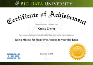 Cruise Zhong
Using HBase for Real-time Access to your Big Data
December 7, 2015
 