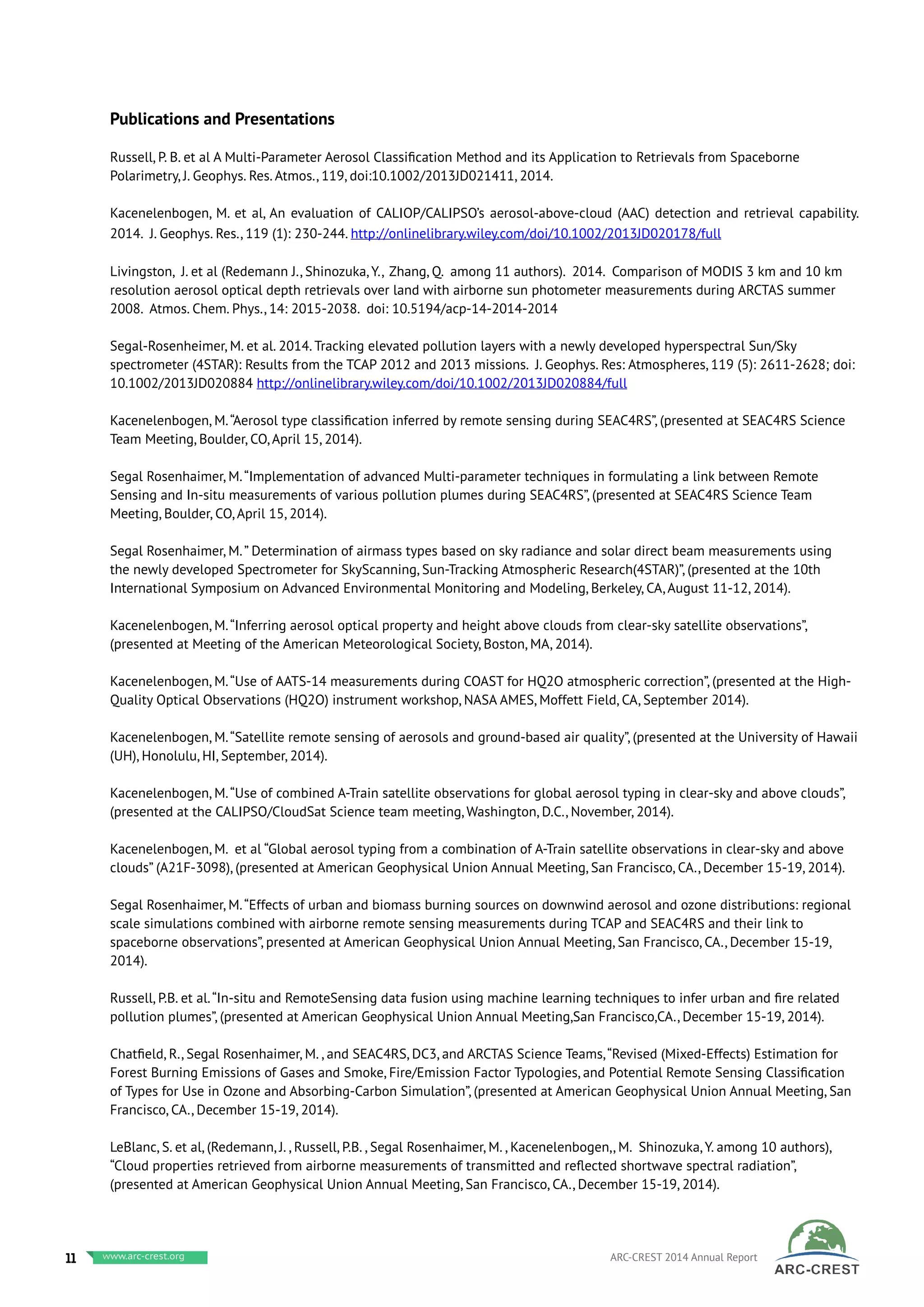 Publications and Presentations
Russell, P. B. et al A Multi-Parameter Aerosol Classification Method and its Application to Retrievals from Spaceborne
Polarimetry, J. Geophys. Res. Atmos., 119, doi:10.1002/2013JD021411, 2014.
Kacenelenbogen, M. et al, An evaluation of CALIOP/CALIPSO’s aerosol-above-cloud (AAC) detection and retrieval capability.
2014. J. Geophys. Res., 119 (1): 230-244. http://onlinelibrary.wiley.com/doi/10.1002/2013JD020178/full
Livingston, J. et al (Redemann J., Shinozuka, Y., Zhang, Q. among 11 authors). 2014. Comparison of MODIS 3 km and 10 km
resolution aerosol optical depth retrievals over land with airborne sun photometer measurements during ARCTAS summer
2008. Atmos. Chem. Phys., 14: 2015-2038. doi: 10.5194/acp-14-2014-2014
Segal-Rosenheimer, M. et al. 2014. Tracking elevated pollution layers with a newly developed hyperspectral Sun/Sky
spectrometer (4STAR): Results from the TCAP 2012 and 2013 missions. J. Geophys. Res: Atmospheres, 119 (5): 2611-2628; doi:
10.1002/2013JD020884 http://onlinelibrary.wiley.com/doi/10.1002/2013JD020884/full
Kacenelenbogen, M.“Aerosol type classification inferred by remote sensing during SEAC4RS”, (presented at SEAC4RS Science
Team Meeting, Boulder, CO, April 15, 2014).
Segal Rosenhaimer, M.“Implementation of advanced Multi-parameter techniques in formulating a link between Remote
Sensing and In-situ measurements of various pollution plumes during SEAC4RS”, (presented at SEAC4RS Science Team
Meeting, Boulder, CO, April 15, 2014).
Segal Rosenhaimer, M.” Determination of airmass types based on sky radiance and solar direct beam measurements using
the newly developed Spectrometer for SkyScanning, Sun-Tracking Atmospheric Research(4STAR)”, (presented at the 10th
International Symposium on Advanced Environmental Monitoring and Modeling, Berkeley, CA, August 11-12, 2014).
Kacenelenbogen, M.“Inferring aerosol optical property and height above clouds from clear-sky satellite observations”,
(presented at Meeting of the American Meteorological Society, Boston, MA, 2014).
Kacenelenbogen, M.“Use of AATS-14 measurements during COAST for HQ2O atmospheric correction”, (presented at the High-
Quality Optical Observations (HQ2O) instrument workshop, NASA AMES, Moffett Field, CA, September 2014).
Kacenelenbogen, M.“Satellite remote sensing of aerosols and ground-based air quality”, (presented at the University of Hawaii
(UH), Honolulu, HI, September, 2014).
Kacenelenbogen, M.“Use of combined A-Train satellite observations for global aerosol typing in clear-sky and above clouds”,
(presented at the CALIPSO/CloudSat Science team meeting, Washington, D.C., November, 2014).
Kacenelenbogen, M. et al “Global aerosol typing from a combination of A-Train satellite observations in clear-sky and above
clouds” (A21F-3098), (presented at American Geophysical Union Annual Meeting, San Francisco, CA., December 15-19, 2014).
Segal Rosenhaimer, M.“Effects of urban and biomass burning sources on downwind aerosol and ozone distributions: regional
scale simulations combined with airborne remote sensing measurements during TCAP and SEAC4RS and their link to
spaceborne observations”, presented at American Geophysical Union Annual Meeting, San Francisco, CA., December 15-19,
2014).
Russell, P.B. et al.“In-situ and RemoteSensing data fusion using machine learning techniques to infer urban and fire related
pollution plumes”, (presented at American Geophysical Union Annual Meeting,San Francisco,CA., December 15-19, 2014).
Chatfield, R., Segal Rosenhaimer, M. , and SEAC4RS, DC3, and ARCTAS Science Teams,“Revised (Mixed-Effects) Estimation for
Forest Burning Emissions of Gases and Smoke, Fire/Emission Factor Typologies, and Potential Remote Sensing Classification
of Types for Use in Ozone and Absorbing-Carbon Simulation”, (presented at American Geophysical Union Annual Meeting, San
Francisco, CA., December 15-19, 2014).
LeBlanc, S. et al, (Redemann, J. , Russell, P.B. , Segal Rosenhaimer, M. , Kacenelenbogen,, M. Shinozuka, Y. among 10 authors),
“Cloud properties retrieved from airborne measurements of transmitted and reflected shortwave spectral radiation”,
(presented at American Geophysical Union Annual Meeting, San Francisco, CA., December 15-19, 2014).
11 www.baeri.org ARC-CREST 2014 Annual Reportwww.arc-crest.org
 