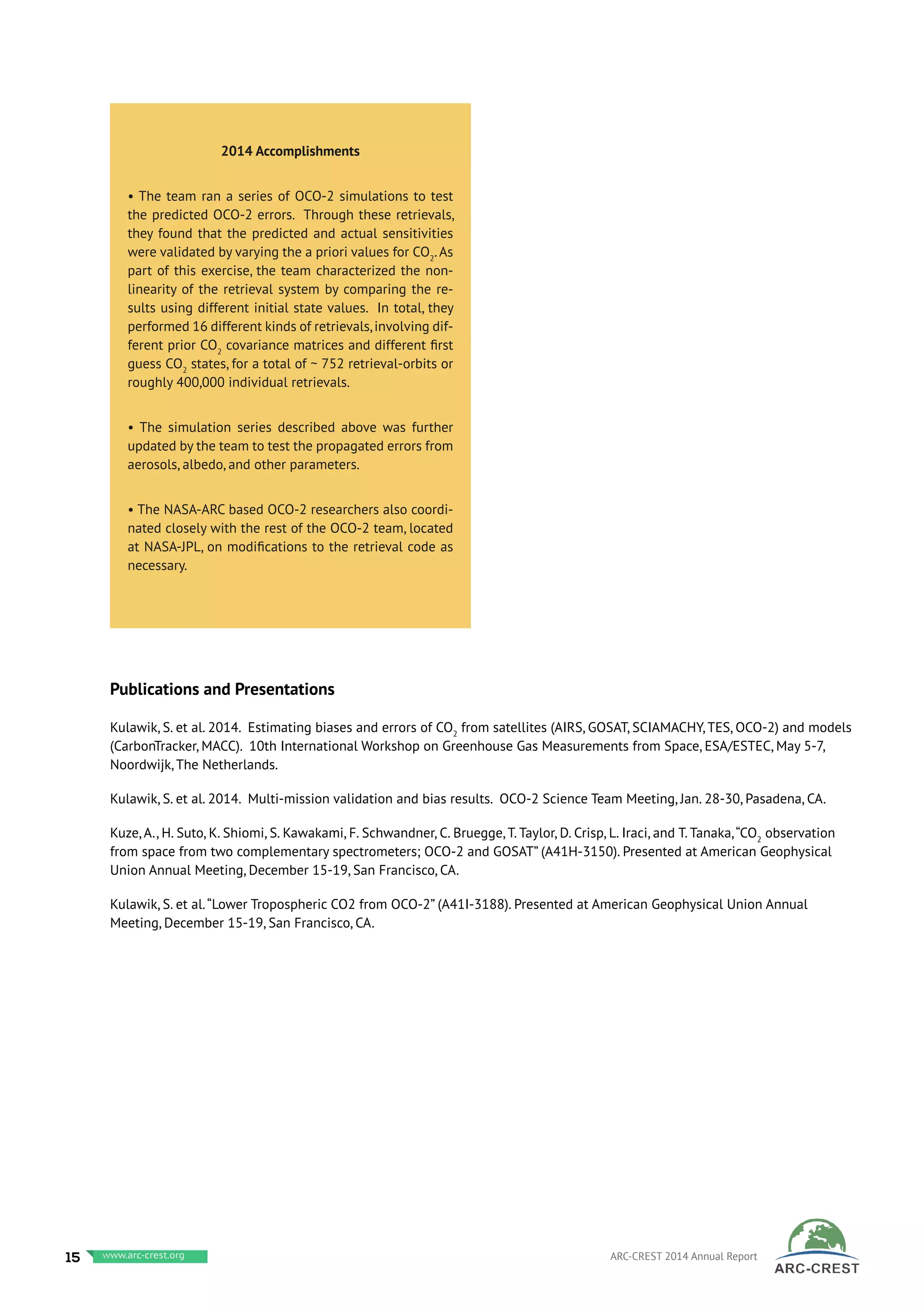 15 www.baeri.org ARC-CREST 2014 Annual Reportwww.arc-crest.org
2014 Accomplishments
• The team ran a series of OCO-2 simulations to test
the predicted OCO-2 errors. Through these retrievals,
they found that the predicted and actual sensitivities
were validated by varying the a priori values for CO2
.As
part of this exercise, the team characterized the non-
linearity of the retrieval system by comparing the re-
sults using different initial state values. In total, they
performed 16 different kinds of retrievals,involving dif-
ferent prior CO2
covariance matrices and different first
guess CO2
states, for a total of ~ 752 retrieval-orbits or
roughly 400,000 individual retrievals.
• The simulation series described above was further
updated by the team to test the propagated errors from
aerosols, albedo, and other parameters.
• The NASA-ARC based OCO-2 researchers also coordi-
nated closely with the rest of the OCO-2 team, located
at NASA-JPL, on modifications to the retrieval code as
necessary.
Publications and Presentations
Kulawik, S. et al. 2014. Estimating biases and errors of CO2
from satellites (AIRS, GOSAT, SCIAMACHY, TES, OCO-2) and models
(CarbonTracker, MACC). 10th International Workshop on Greenhouse Gas Measurements from Space, ESA/ESTEC, May 5-7,
Noordwijk, The Netherlands.
Kulawik, S. et al. 2014. Multi-mission validation and bias results. OCO-2 Science Team Meeting, Jan. 28-30, Pasadena, CA.
Kuze, A., H. Suto, K. Shiomi, S. Kawakami, F. Schwandner, C. Bruegge, T. Taylor, D. Crisp, L. Iraci, and T. Tanaka,“CO2
observation
from space from two complementary spectrometers; OCO-2 and GOSAT” (A41H-3150). Presented at American Geophysical
Union Annual Meeting, December 15-19, San Francisco, CA.
Kulawik, S. et al.“Lower Tropospheric CO2 from OCO-2” (A41I-3188). Presented at American Geophysical Union Annual
Meeting, December 15-19, San Francisco, CA.
 