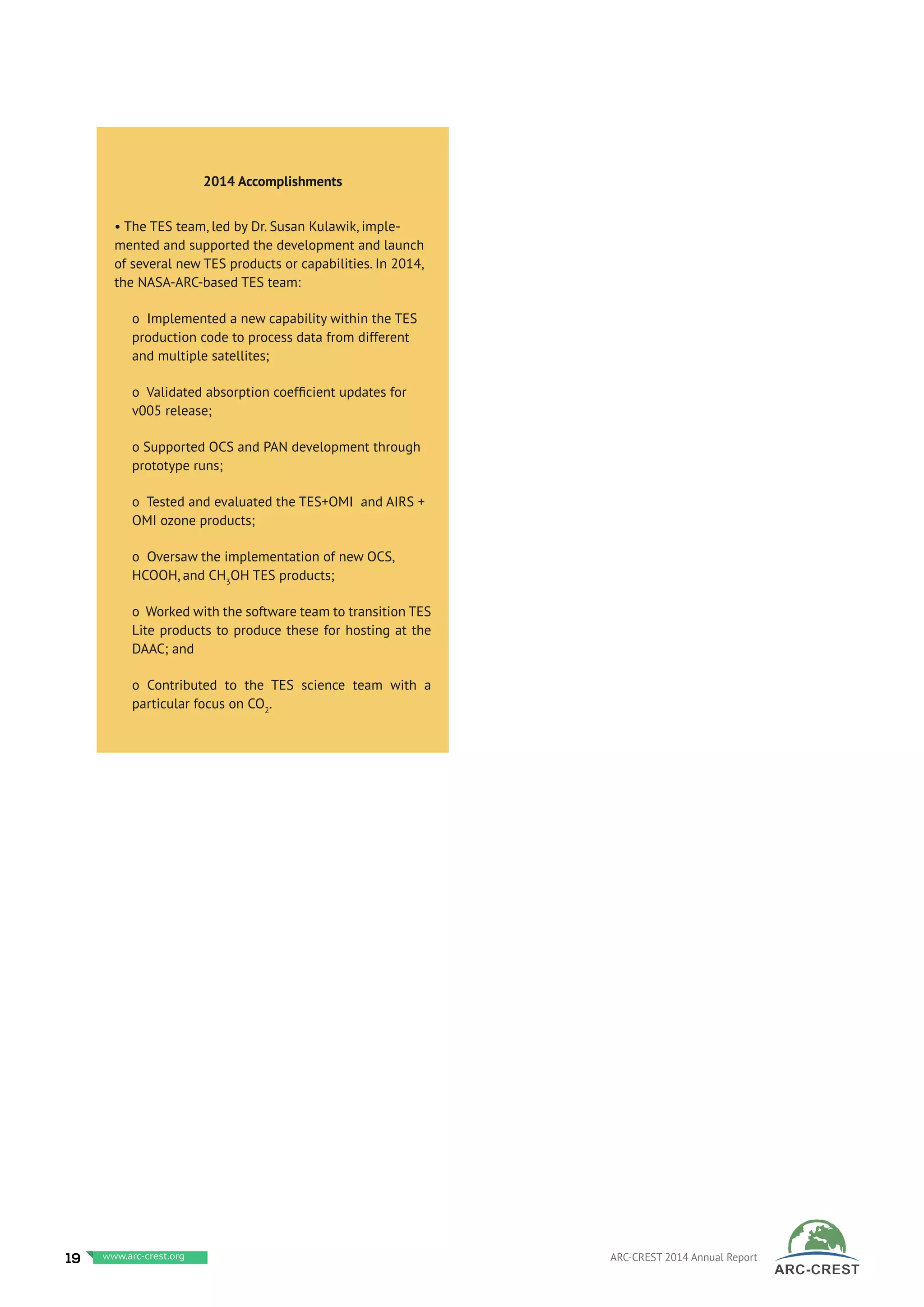 2014 Accomplishments
• The TES team, led by Dr. Susan Kulawik, imple-
mented and supported the development and launch
of several new TES products or capabilities. In 2014,
the NASA-ARC-based TES team:
o Implemented a new capability within the TES
production code to process data from different
and multiple satellites;
o Validated absorption coefficient updates for
v005 release;
o Supported OCS and PAN development through
prototype runs;
o Tested and evaluated the TES+OMI and AIRS +
OMI ozone products;
o Oversaw the implementation of new OCS,
HCOOH, and CH3
OH TES products;
o Worked with the software team to transition TES
Lite products to produce these for hosting at the
DAAC; and
o Contributed to the TES science team with a
particular focus on CO2
.
19 www.baeri.org ARC-CREST 2014 Annual Reportwww.arc-crest.org
 