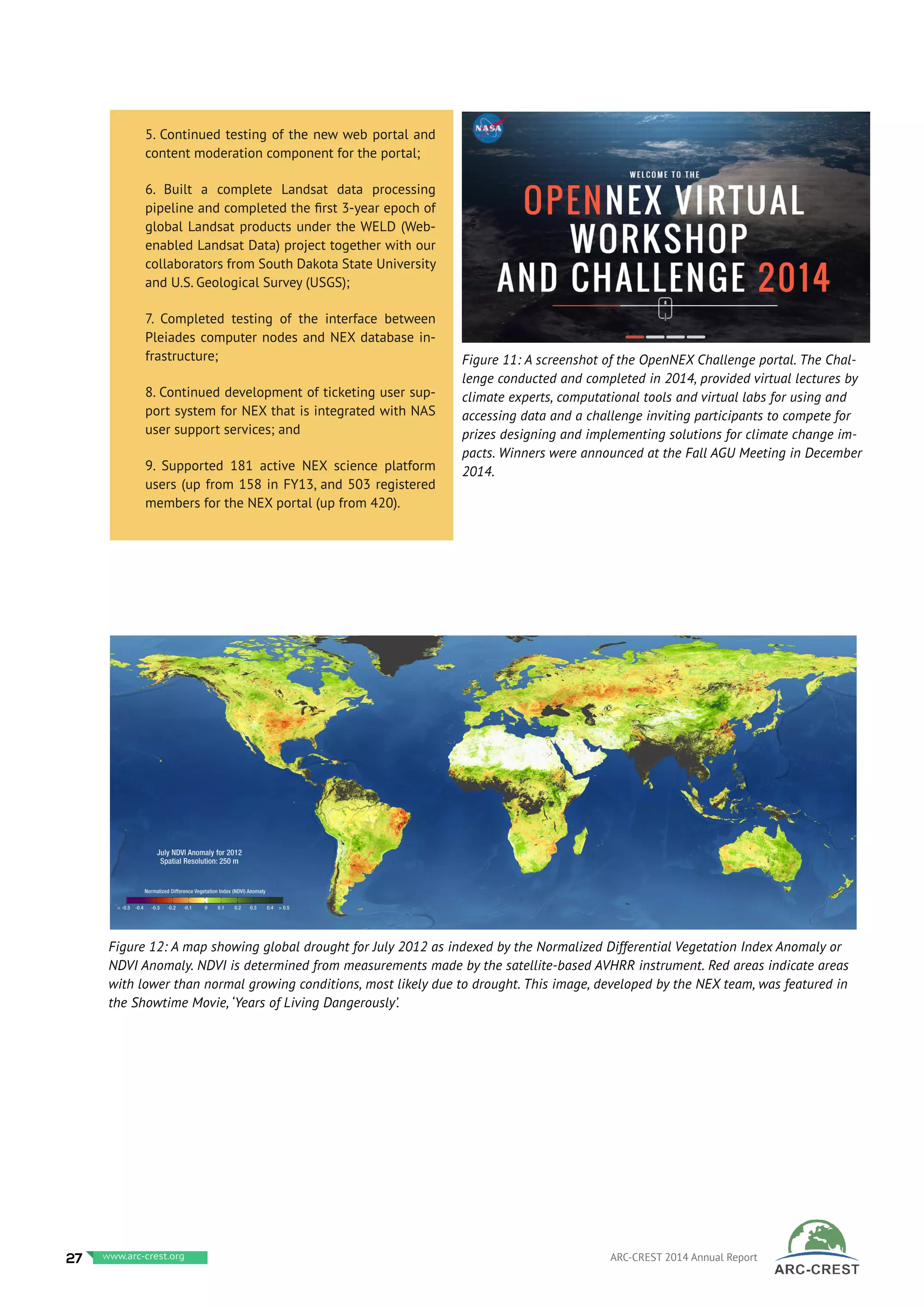 5. Continued testing of the new web portal and
content moderation component for the portal;
6. Built a complete Landsat data processing
pipeline and completed the first 3-year epoch of
global Landsat products under the WELD (Web-
enabled Landsat Data) project together with our
collaborators from South Dakota State University
and U.S. Geological Survey (USGS);
7. Completed testing of the interface between
Pleiades computer nodes and NEX database in-
frastructure;
8. Continued development of ticketing user sup-
port system for NEX that is integrated with NAS
user support services; and
9. Supported 181 active NEX science platform
users (up from 158 in FY13, and 503 registered
members for the NEX portal (up from 420).
Figure 11: A screenshot of the OpenNEX Challenge portal. The Chal-
lenge conducted and completed in 2014, provided virtual lectures by
climate experts, computational tools and virtual labs for using and
accessing data and a challenge inviting participants to compete for
prizes designing and implementing solutions for climate change im-
pacts. Winners were announced at the Fall AGU Meeting in December
2014.
Figure 12: A map showing global drought for July 2012 as indexed by the Normalized Differential Vegetation Index Anomaly or
NDVI Anomaly. NDVI is determined from measurements made by the satellite-based AVHRR instrument. Red areas indicate areas
with lower than normal growing conditions, most likely due to drought. This image, developed by the NEX team, was featured in
the Showtime Movie, ‘Years of Living Dangerously’.
27 www.baeri.org ARC-CREST 2014 Annual Reportwww.arc-crest.org
 