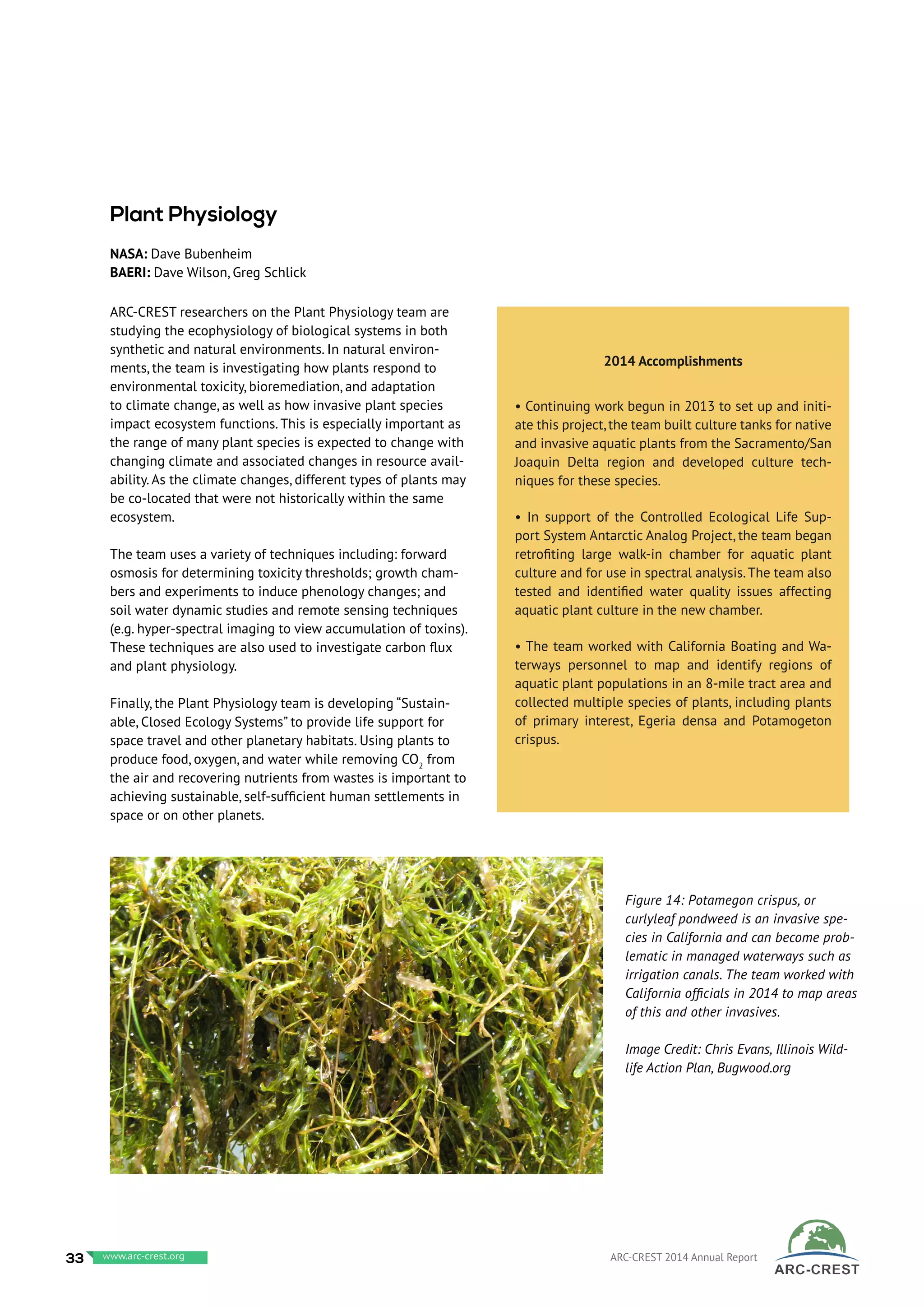ARC-CREST researchers on the Plant Physiology team are
studying the ecophysiology of biological systems in both
synthetic and natural environments. In natural environ-
ments, the team is investigating how plants respond to
environmental toxicity, bioremediation, and adaptation
to climate change, as well as how invasive plant species
impact ecosystem functions. This is especially important as
the range of many plant species is expected to change with
changing climate and associated changes in resource avail-
ability. As the climate changes, different types of plants may
be co-located that were not historically within the same
ecosystem.
The team uses a variety of techniques including: forward
osmosis for determining toxicity thresholds; growth cham-
bers and experiments to induce phenology changes; and
soil water dynamic studies and remote sensing techniques
(e.g. hyper-spectral imaging to view accumulation of toxins).
These techniques are also used to investigate carbon flux
and plant physiology.
Finally, the Plant Physiology team is developing “Sustain-
able, Closed Ecology Systems” to provide life support for
space travel and other planetary habitats. Using plants to
produce food, oxygen, and water while removing CO2
from
the air and recovering nutrients from wastes is important to
achieving sustainable, self-sufficient human settlements in
space or on other planets.
2014 Accomplishments
• Continuing work begun in 2013 to set up and initi-
ate this project,the team built culture tanks for native
and invasive aquatic plants from the Sacramento/San
Joaquin Delta region and developed culture tech-
niques for these species.
• In support of the Controlled Ecological Life Sup-
port System Antarctic Analog Project, the team began
retrofiting large walk-in chamber for aquatic plant
culture and for use in spectral analysis.The team also
tested and identified water quality issues affecting
aquatic plant culture in the new chamber.
• The team worked with California Boating and Wa-
terways personnel to map and identify regions of
aquatic plant populations in an 8-mile tract area and
collected multiple species of plants, including plants
of primary interest, Egeria densa and Potamogeton
crispus.
Plant Physiology
NASA: Dave Bubenheim
BAERI: Dave Wilson, Greg Schlick
Figure 14: Potamegon crispus, or
curlyleaf pondweed is an invasive spe-
cies in California and can become prob-
lematic in managed waterways such as
irrigation canals. The team worked with
California officials in 2014 to map areas
of this and other invasives.
Image Credit: Chris Evans, Illinois Wild-
life Action Plan, Bugwood.org
33 www.baeri.org ARC-CREST 2014 Annual Reportwww.arc-crest.org
 