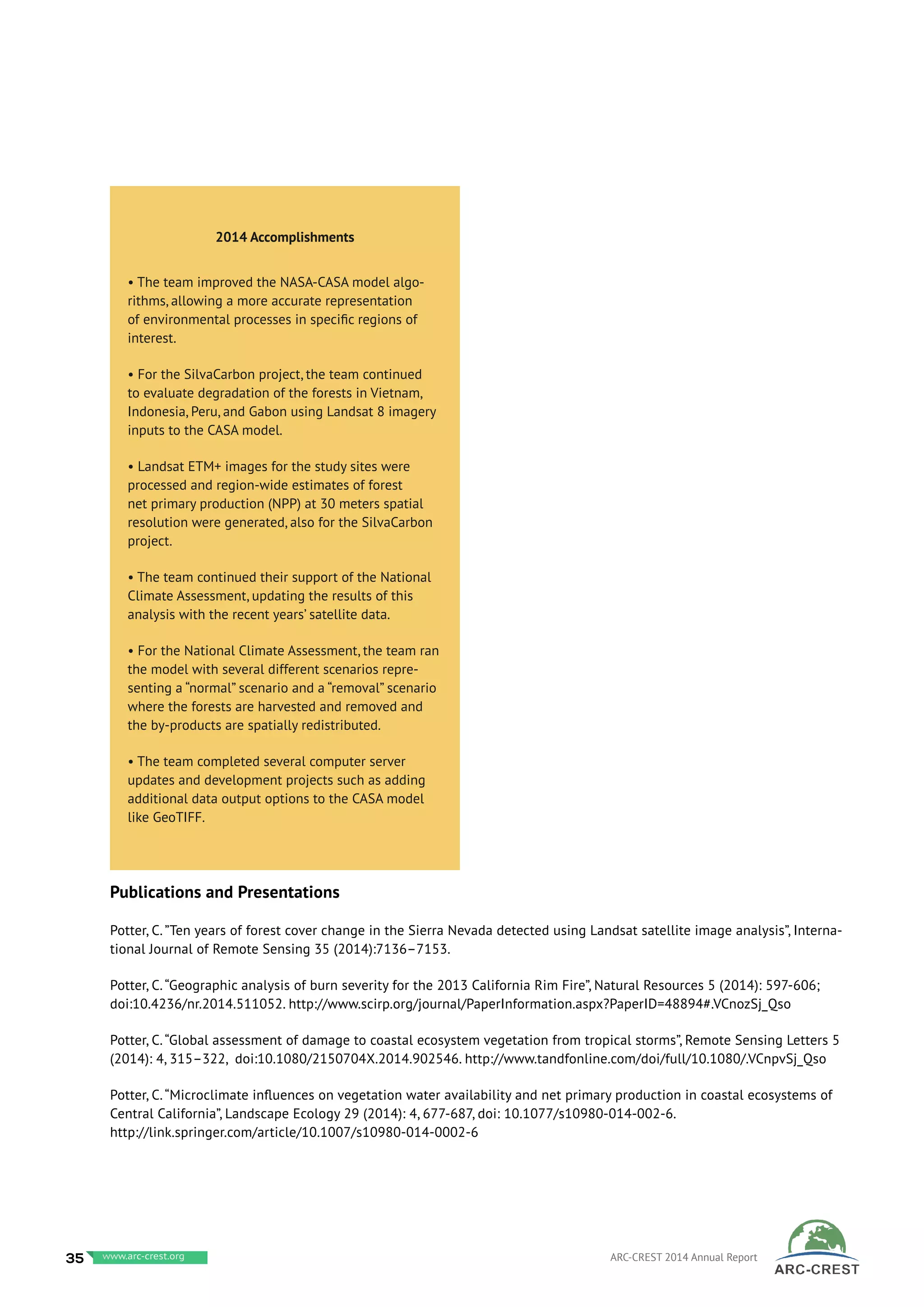 2014 Accomplishments
• The team improved the NASA-CASA model algo-
rithms, allowing a more accurate representation
of environmental processes in specific regions of
interest.
• For the SilvaCarbon project, the team continued
to evaluate degradation of the forests in Vietnam,
Indonesia, Peru, and Gabon using Landsat 8 imagery
inputs to the CASA model.
• Landsat ETM+ images for the study sites were
processed and region-wide estimates of forest
net primary production (NPP) at 30 meters spatial
resolution were generated, also for the SilvaCarbon
project.
• The team continued their support of the National
Climate Assessment, updating the results of this
analysis with the recent years’ satellite data.
• For the National Climate Assessment, the team ran
the model with several different scenarios repre-
senting a “normal” scenario and a “removal” scenario
where the forests are harvested and removed and
the by-products are spatially redistributed.
• The team completed several computer server
updates and development projects such as adding
additional data output options to the CASA model
like GeoTIFF.
Publications and Presentations
Potter, C.”Ten years of forest cover change in the Sierra Nevada detected using Landsat satellite image analysis”, Interna-
tional Journal of Remote Sensing 35 (2014):7136–7153.
Potter, C.“Geographic analysis of burn severity for the 2013 California Rim Fire”, Natural Resources 5 (2014): 597-606;
doi:10.4236/nr.2014.511052. http://www.scirp.org/journal/PaperInformation.aspx?PaperID=48894#.VCnozSj_Qso
Potter, C.“Global assessment of damage to coastal ecosystem vegetation from tropical storms”, Remote Sensing Letters 5
(2014): 4, 315–322, doi:10.1080/2150704X.2014.902546. http://www.tandfonline.com/doi/full/10.1080/.VCnpvSj_Qso
Potter, C.“Microclimate influences on vegetation water availability and net primary production in coastal ecosystems of
Central California”, Landscape Ecology 29 (2014): 4, 677-687, doi: 10.1077/s10980-014-002-6.
http://link.springer.com/article/10.1007/s10980-014-0002-6
35 www.baeri.org ARC-CREST 2014 Annual Reportwww.arc-crest.org
 
