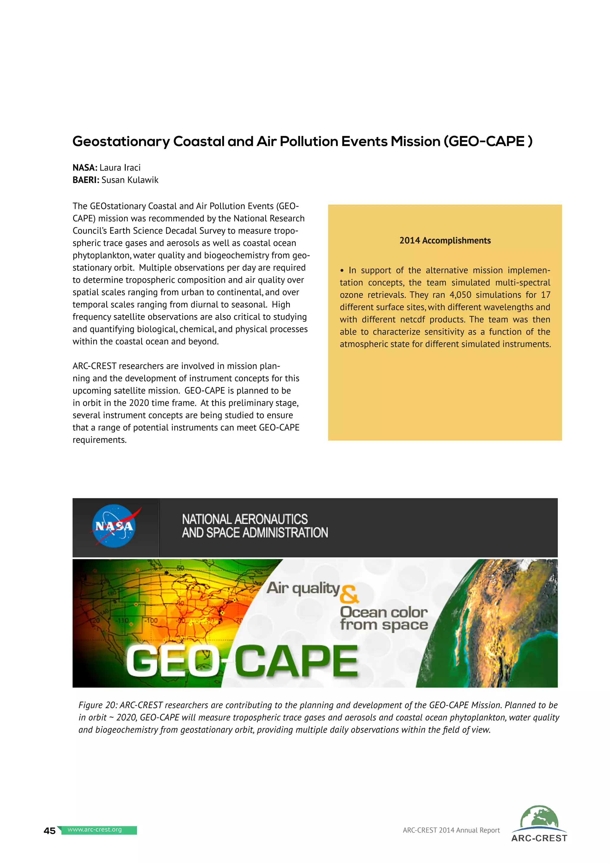 The GEOstationary Coastal and Air Pollution Events (GEO-
CAPE) mission was recommended by the National Research
Council’s Earth Science Decadal Survey to measure tropo-
spheric trace gases and aerosols as well as coastal ocean
phytoplankton, water quality and biogeochemistry from geo-
stationary orbit. Multiple observations per day are required
to determine tropospheric composition and air quality over
spatial scales ranging from urban to continental, and over
temporal scales ranging from diurnal to seasonal. High
frequency satellite observations are also critical to studying
and quantifying biological, chemical, and physical processes
within the coastal ocean and beyond.
ARC-CREST researchers are involved in mission plan-
ning and the development of instrument concepts for this
upcoming satellite mission. GEO-CAPE is planned to be
in orbit in the 2020 time frame. At this preliminary stage,
several instrument concepts are being studied to ensure
that a range of potential instruments can meet GEO-CAPE
requirements.
2014 Accomplishments
• In support of the alternative mission implemen-
tation concepts, the team simulated multi-spectral
ozone retrievals. They ran 4,050 simulations for 17
different surface sites, with different wavelengths and
with different netcdf products. The team was then
able to characterize sensitivity as a function of the
atmospheric state for different simulated instruments.
Geostationary Coastal and Air Pollution Events Mission (GEO-CAPE )
NASA: Laura Iraci
BAERI: Susan Kulawik
Figure 20: ARC-CREST researchers are contributing to the planning and development of the GEO-CAPE Mission. Planned to be
in orbit ~ 2020, GEO-CAPE will measure tropospheric trace gases and aerosols and coastal ocean phytoplankton, water quality
and biogeochemistry from geostationary orbit, providing multiple daily observations within the field of view.
45 www.baeri.org ARC-CREST 2014 Annual Reportwww.arc-crest.org
 