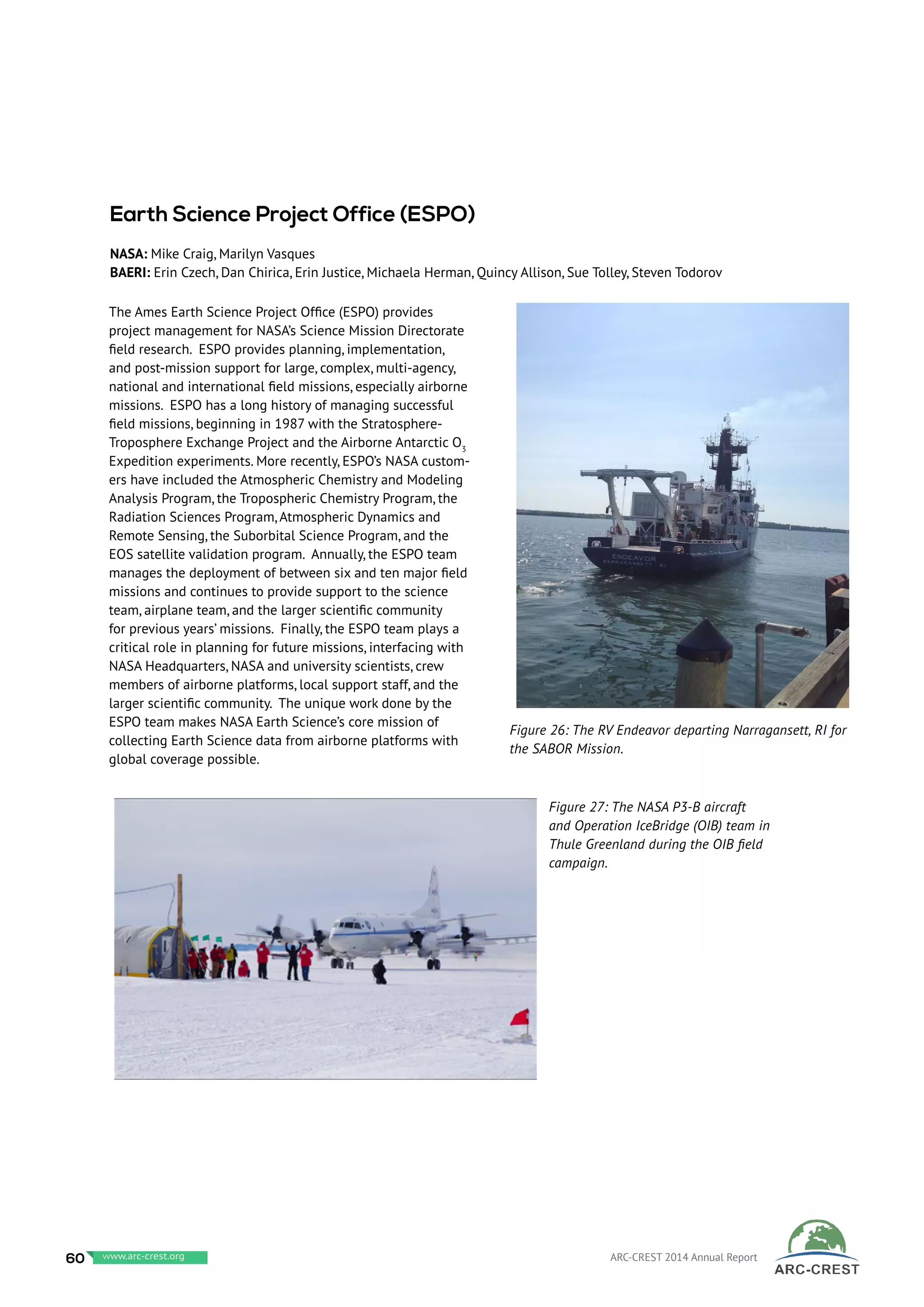 Figure 27: The NASA P3-B aircraft
and Operation IceBridge (OIB) team in
Thule Greenland during the OIB field
campaign.
The Ames Earth Science Project Office (ESPO) provides
project management for NASA’s Science Mission Directorate
field research. ESPO provides planning, implementation,
and post-mission support for large, complex, multi-agency,
national and international field missions, especially airborne
missions. ESPO has a long history of managing successful
field missions, beginning in 1987 with the Stratosphere-
Troposphere Exchange Project and the Airborne Antarctic O3
Expedition experiments. More recently, ESPO’s NASA custom-
ers have included the Atmospheric Chemistry and Modeling
Analysis Program, the Tropospheric Chemistry Program, the
Radiation Sciences Program, Atmospheric Dynamics and
Remote Sensing, the Suborbital Science Program, and the
EOS satellite validation program. Annually, the ESPO team
manages the deployment of between six and ten major field
missions and continues to provide support to the science
team, airplane team, and the larger scientific community
for previous years’ missions. Finally, the ESPO team plays a
critical role in planning for future missions, interfacing with
NASA Headquarters, NASA and university scientists, crew
members of airborne platforms, local support staff, and the
larger scientific community. The unique work done by the
ESPO team makes NASA Earth Science’s core mission of
collecting Earth Science data from airborne platforms with
global coverage possible.
Earth Science Project Office (ESPO)
NASA: Mike Craig, Marilyn Vasques
BAERI: Erin Czech, Dan Chirica, Erin Justice, Michaela Herman, Quincy Allison, Sue Tolley, Steven Todorov
Figure 26: The RV Endeavor departing Narragansett, RI for
the SABOR Mission.
60 www.baeri.org ARC-CREST 2014 Annual Reportwww.arc-crest.org
 