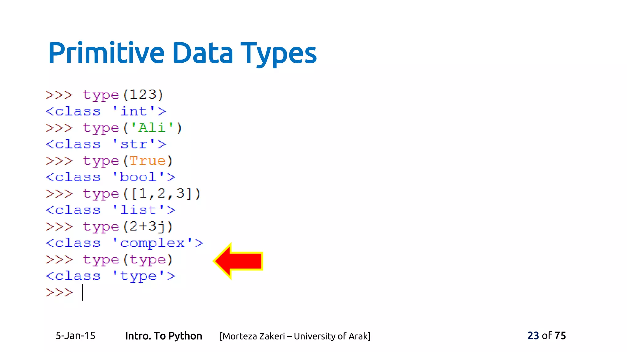 Primitive Data Types
5-Jan-15 23 of 75Intro. To Python [Morteza Zakeri – University of Arak]
 