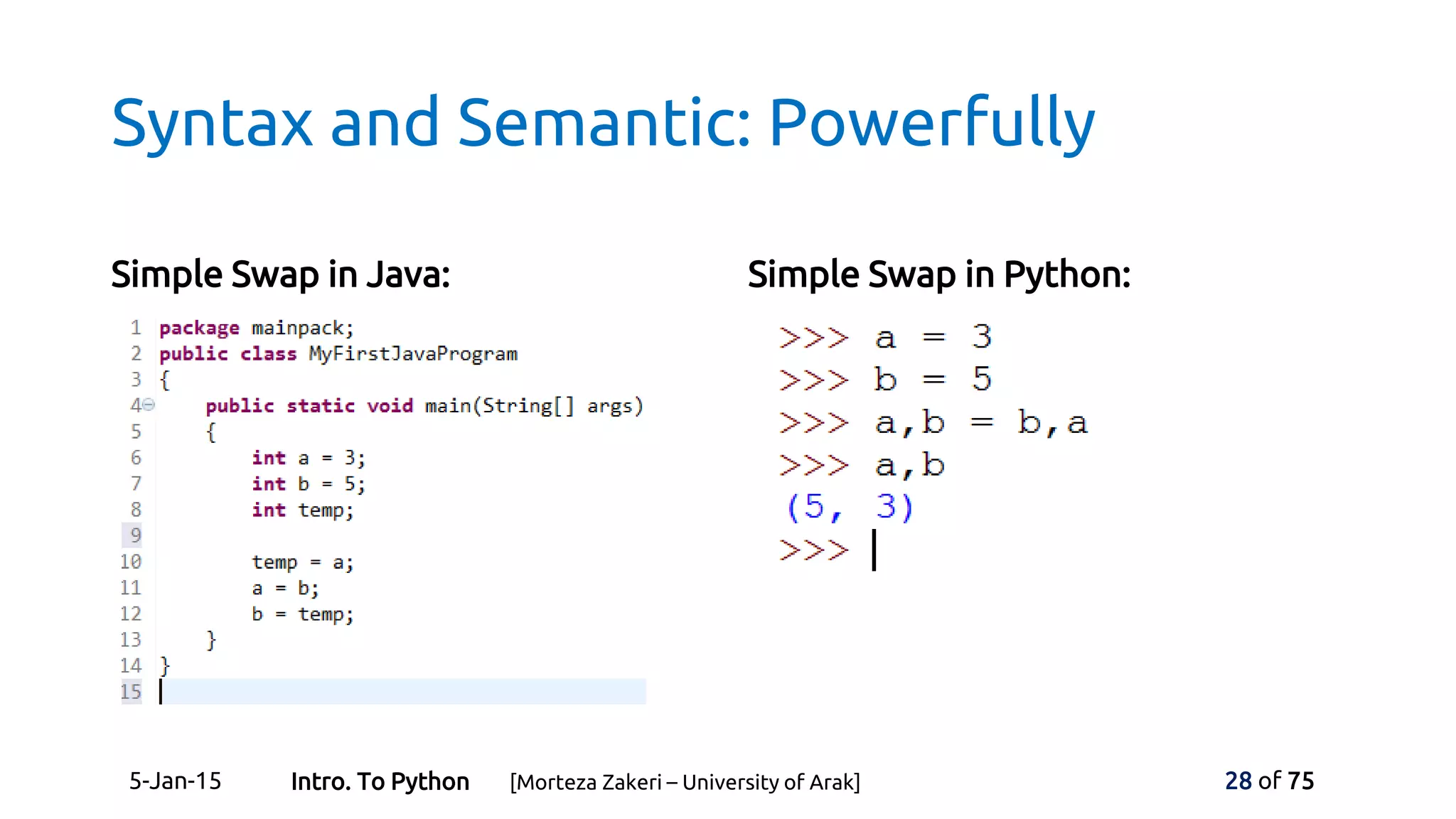 Syntax and Semantic: Powerfully
Simple Swap in Java: Simple Swap in Python:
5-Jan-15 28 of 75Intro. To Python [Morteza Zakeri – University of Arak]
 
