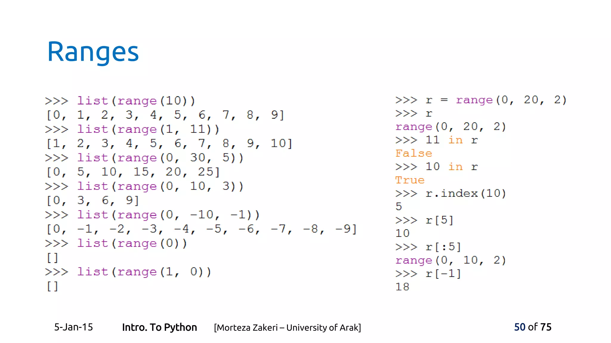 Ranges
5-Jan-15 50 of 75Intro. To Python [Morteza Zakeri – University of Arak]
 