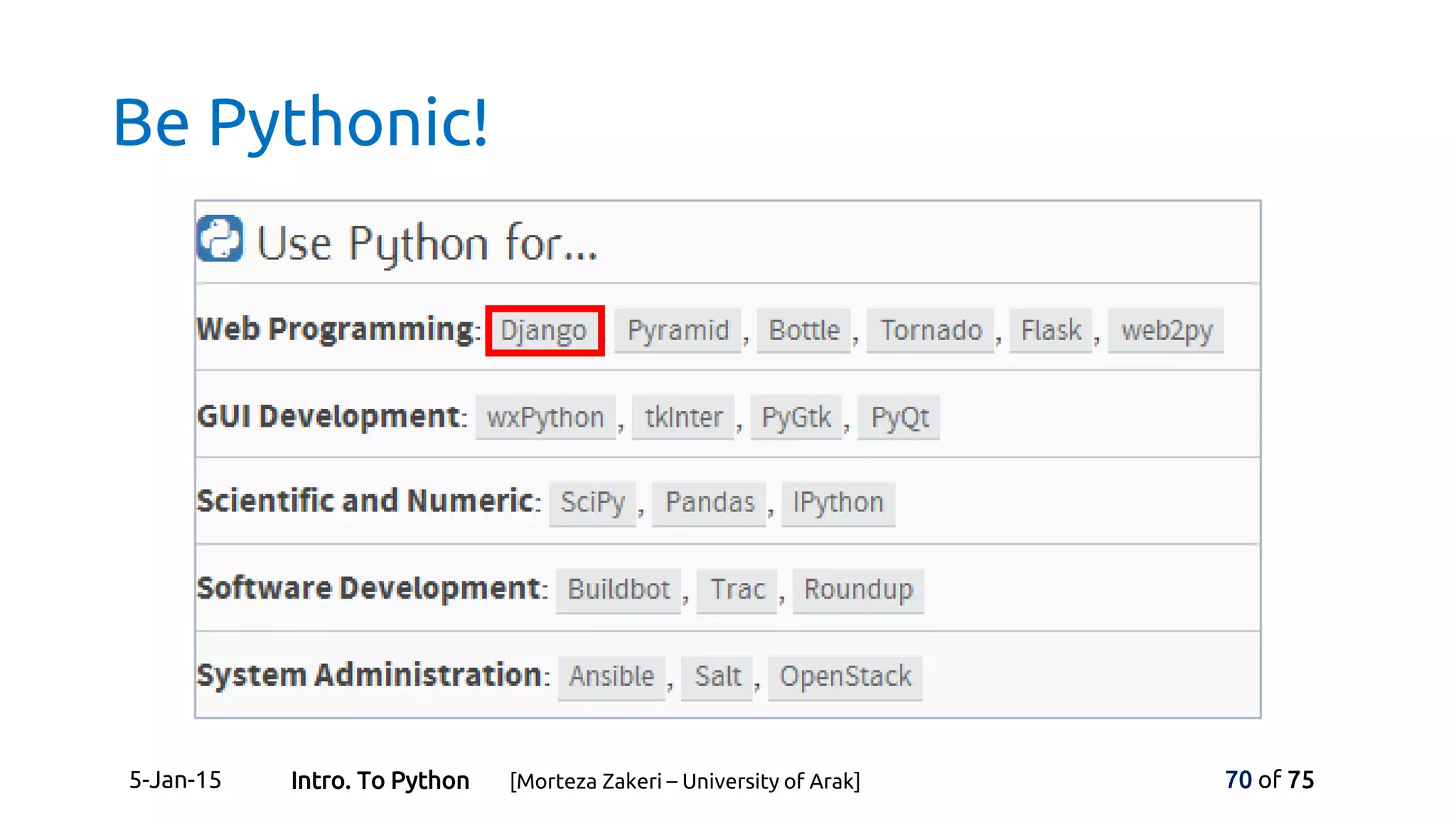 Be Pythonic!
5-Jan-15 70 of 75Intro. To Python [Morteza Zakeri – University of Arak]
 