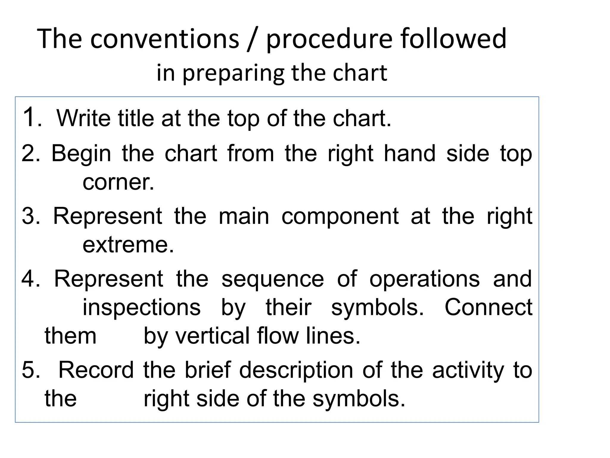 The conventions / procedure followed
in preparing the chart
1. Write title at the top of the chart.
2. Begin the chart from the right hand side top
corner.
3. Represent the main component at the right
extreme.
4. Represent the sequence of operations and
inspections by their symbols. Connect
them by vertical flow lines.
5. Record the brief description of the activity to
the right side of the symbols.
 