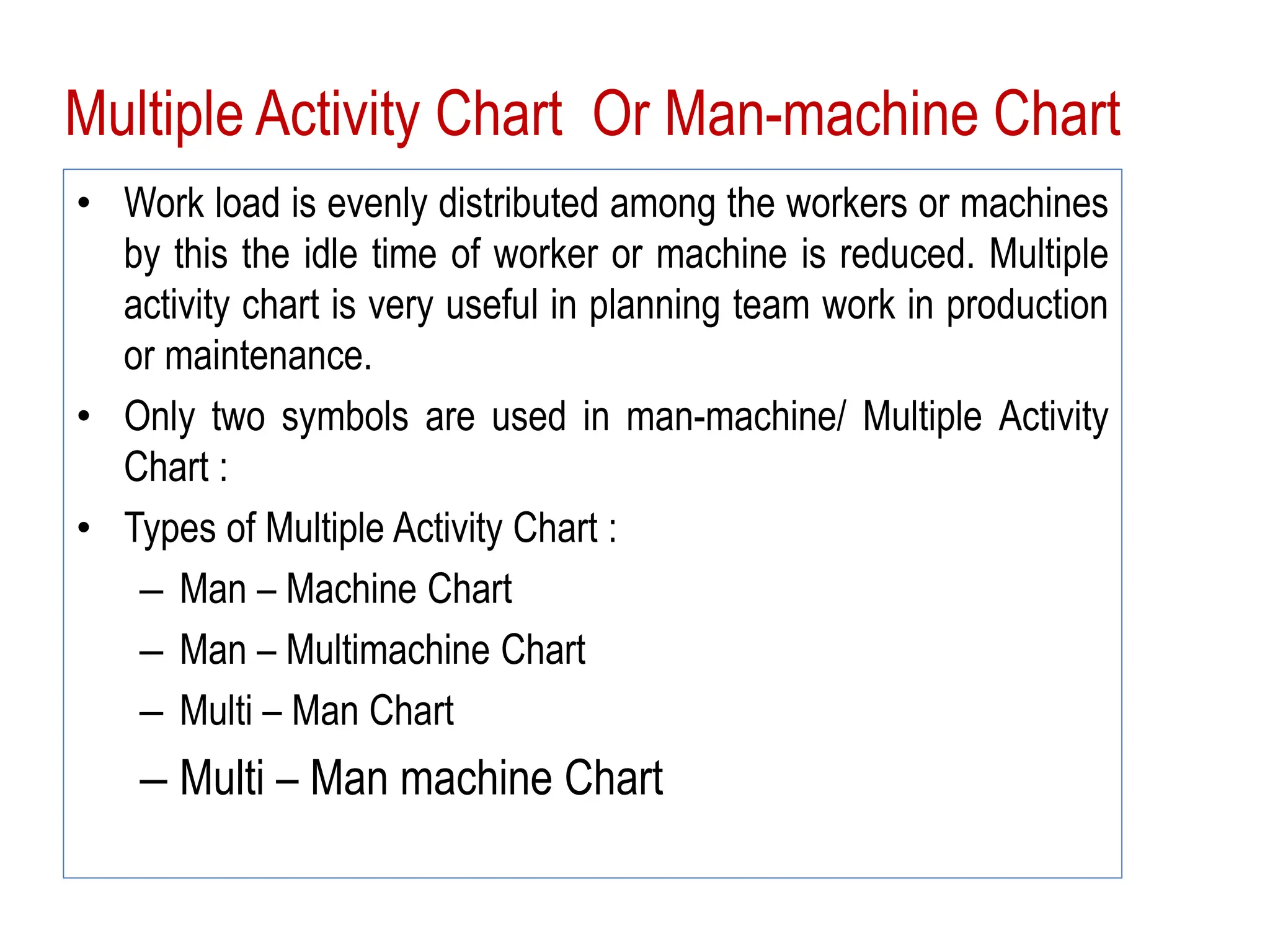 Multiple Activity Chart Or Man-machine Chart
• Work load is evenly distributed among the workers or machines
by this the idle time of worker or machine is reduced. Multiple
activity chart is very useful in planning team work in production
or maintenance.
• Only two symbols are used in man-machine/ Multiple Activity
Chart :
• Types of Multiple Activity Chart :
– Man – Machine Chart
– Man – Multimachine Chart
– Multi – Man Chart
– Multi – Man machine Chart
 