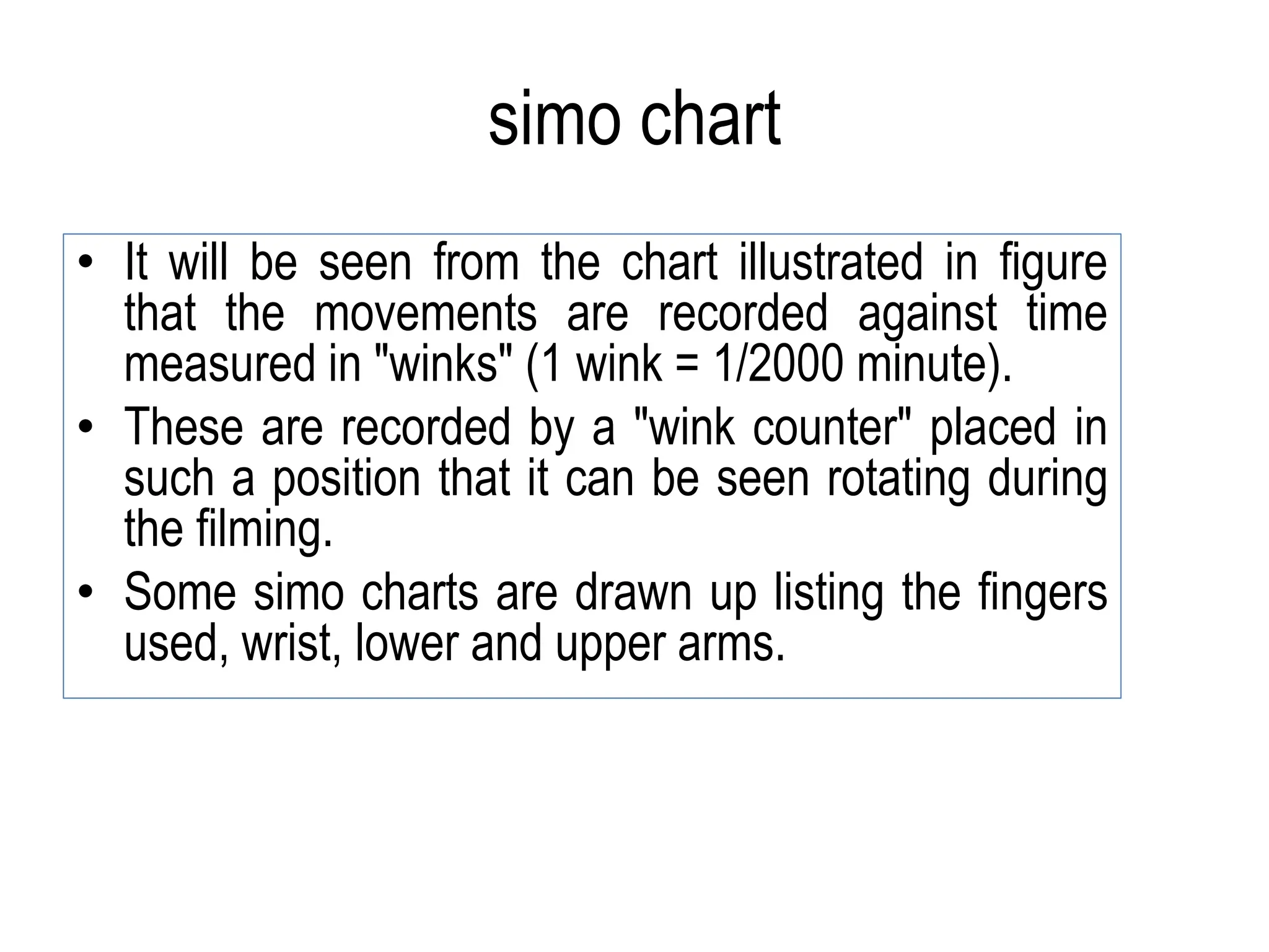 simo chart
• It will be seen from the chart illustrated in figure
that the movements are recorded against time
measured in "winks" (1 wink = 1/2000 minute).
• These are recorded by a "wink counter" placed in
such a position that it can be seen rotating during
the filming.
• Some simo charts are drawn up listing the fingers
used, wrist, lower and upper arms.
 