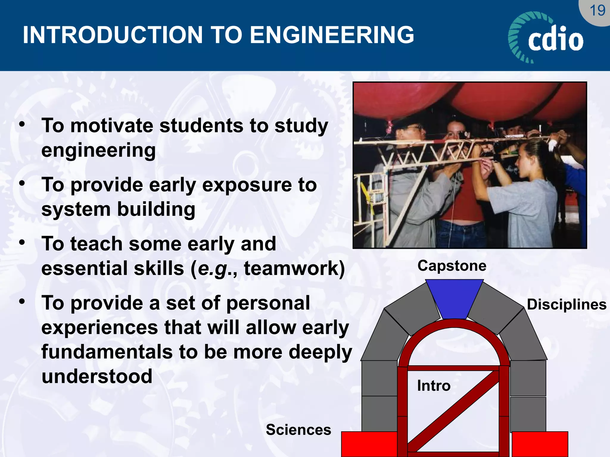 19 
INTRODUCTION TO ENGINEERING 
•To motivate students to study engineering 
•To provide early exposure to system building 
•To teach some early and essential skills (e.g., teamwork) 
•To provide a set of personal experiences that will allow early fundamentals to be more deeply understood 
Disciplines 
Intro 
Capstone 
Sciences  