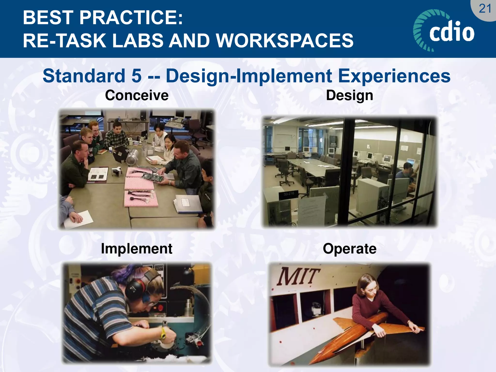 21 
BEST PRACTICE: RE-TASK LABS AND WORKSPACES 
Standard 5 -- Design-Implement Experiences  