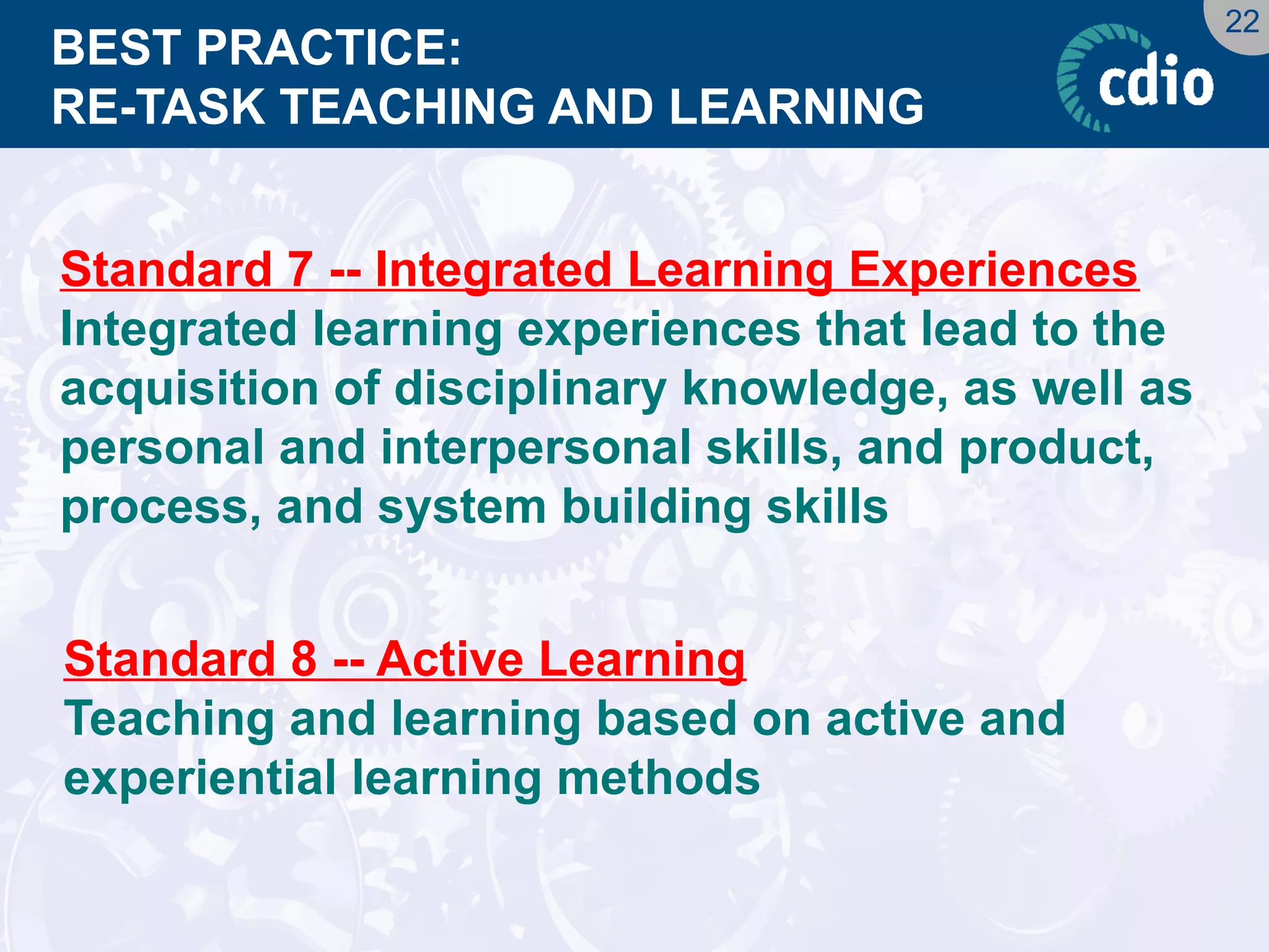 22 
BEST PRACTICE: RE-TASK TEACHING AND LEARNING 
Standard 7 -- Integrated Learning Experiences 
Integrated learning experiences that lead to the acquisition of disciplinary knowledge, as well as personal and interpersonal skills, and product, process, and system building skills 
Standard 8 -- Active Learning 
Teaching and learning based on active and experiential learning methods  