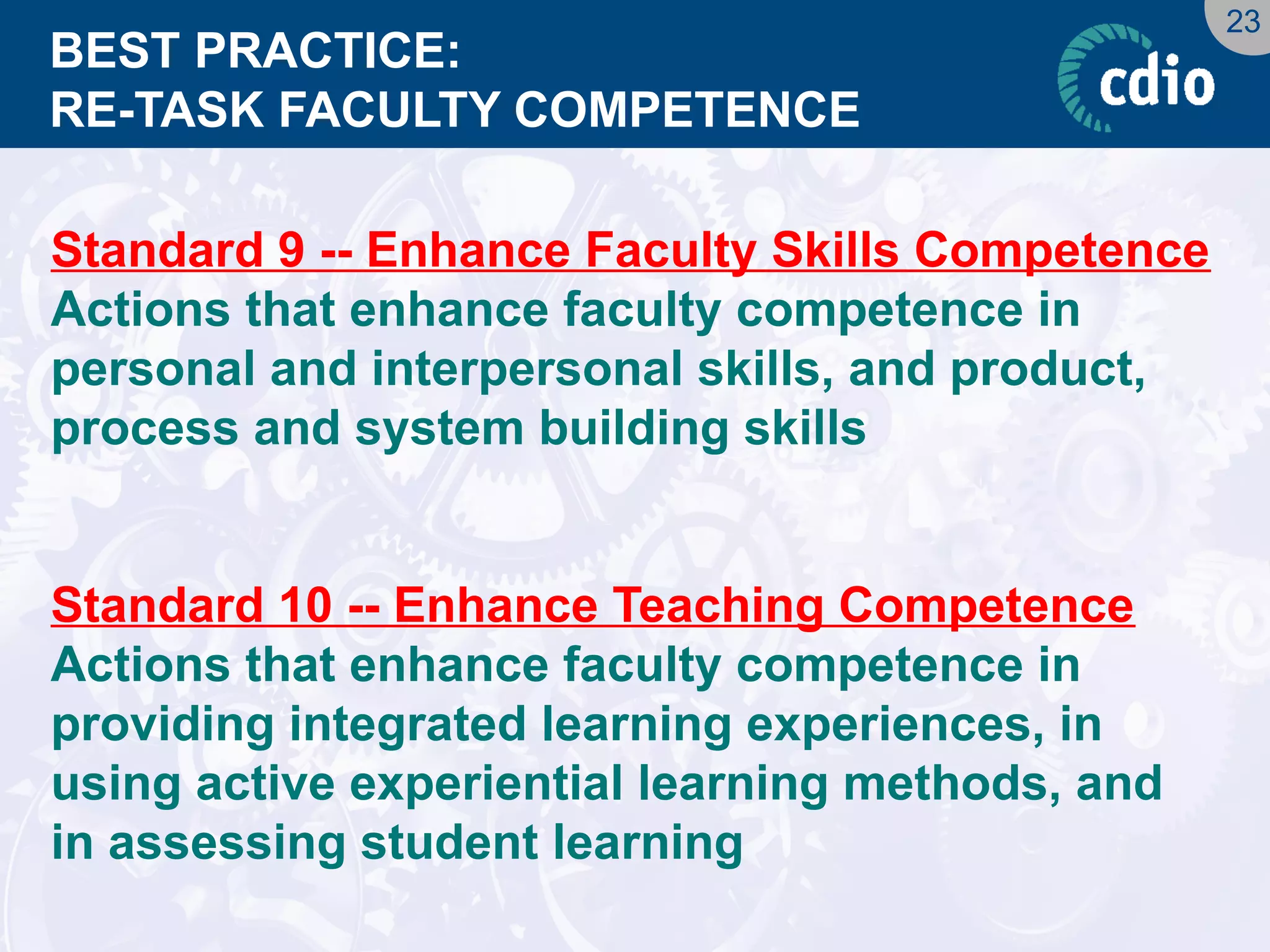 23 
BEST PRACTICE: RE-TASK FACULTY COMPETENCE 
Standard 9 -- Enhance Faculty Skills Competence 
Actions that enhance faculty competence in personal and interpersonal skills, and product, process and system building skills 
Standard 10 -- Enhance Teaching Competence 
Actions that enhance faculty competence in providing integrated learning experiences, in using active experiential learning methods, and in assessing student learning  