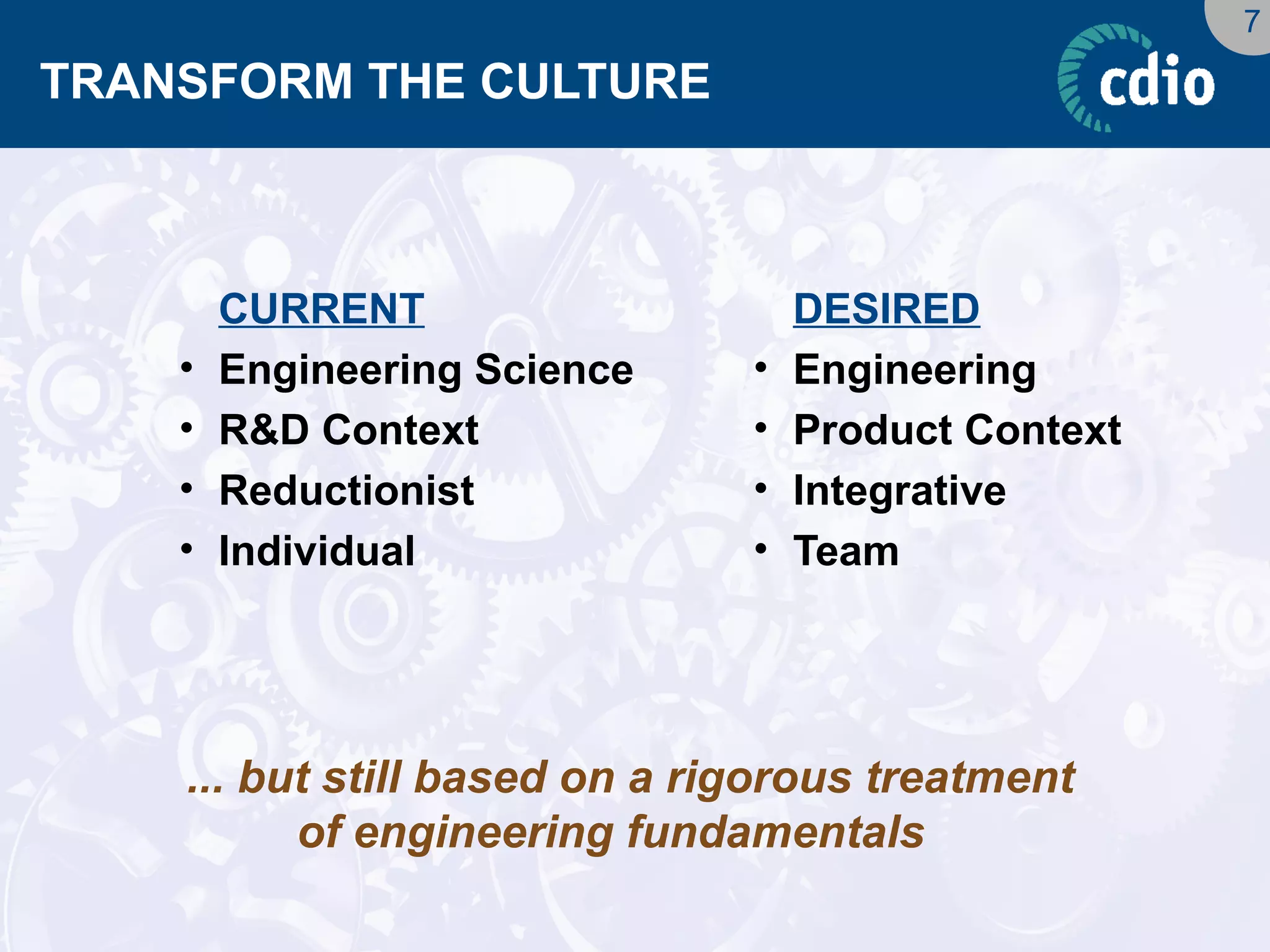 7 
TRANSFORM THE CULTURE 
CURRENT 
•Engineering Science 
•R&D Context 
•Reductionist 
•Individual 
... but still based on a rigorous treatment of engineering fundamentals 
DESIRED 
•Engineering 
•Product Context 
•Integrative 
•Team  