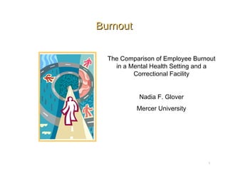 BurnoutBurnout
1
The Comparison of Employee Burnout
in a Mental Health Setting and a
Correctional Facility
Nadia F. Glover
Mercer University
 