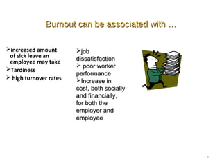 Burnout can be associated with …Burnout can be associated with …
increased amount
of sick leave an
employee may take
Tardiness
 high turnover rates
5
jobjob
dissatisfactiondissatisfaction
 poor workerpoor worker
performanceperformance
Increase inIncrease in
cost, both sociallycost, both socially
and financially,and financially,
for both thefor both the
employer andemployer and
employeeemployee
 