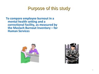 Purpose of this studyPurpose of this study
To compare employee burnout in a
mental health setting and a
correctional facility, as measured by
the Maslach Burnout Inventory – for
Human Services
6
 