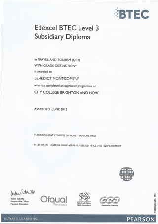 BTEC Subsidiary Diploma Ceritifcate