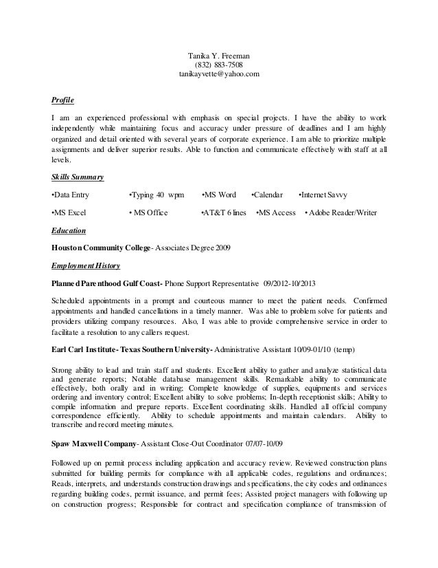 tanika freeman resume eg tanika y freeman 832 883 7508 tanikayvetteyahoocom profile