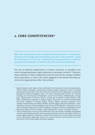 2. CORE COMPETENCIES17
Main aim: Ensuring that clearly established learner outcomes – including di-
mensions of knowledge and understanding, attitudes, values and skills – guide
the development of curricula, teaching and learning processes, evaluation
processes and preparation of teachers and other educational personnel.
This list of desired competencies, or learner outcomes, is intended to be
used in designing human rights education in secondary schools.18
However,
many elements of these competencies may be relevant for younger children
and young adults, as well as for youth engaged in non-formal learning car-
ried out by organizations other than schools.
17
	 Special thanks to the experts that contributed to the creation of the core competencies:
Vibeke Eikaas, Manager, International Human Rights Education Centre, Amnesty
International (Norway); David Kerr, Director of Educational Programmes, Citizenship
Foundation (United Kingdom); Barry van Driel, International Director for Teacher
Training and Curriculum Development, Anne Frank House (Netherlands); George
Kent, Department of Political Science, University of Hawai’i (United States); Anja
Mihr, Netherlands Institute of Human Rights, University of Utrecht (Netherlands);
Ted Orlin, Professor of Human Rights, Human Rights Advocacy Program, Utica
College (United States); Ana Maria Rodino, Human Rights Education Specialist, Inter-
American Institute of Human Rights (Costa Rica); Ted Huddleston, Consultant in Civic
and Citizenship Education (United Kingdom); Margaret Sinclair, Independent Peace
Education Expert (UK); Rui Gomes, Youth Department, Council of Europe (France).
18
	 These competencies can be further elaborated with sub-themes, examples and adapted
versions developed for specific learner groups (both duty bearers and rights holders) or
human rights conditions. Moreover, within each of these lists, certain learner outcomes
can be identified as especially relevant for certain learners. Such decisions are at the
discretion of the human rights education designer.
 