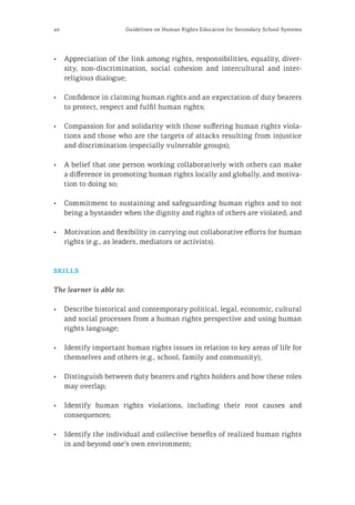 26 Guidelines on Human Rights Education for Secondary School Systems
•	 Appreciation of the link among rights, responsibilities, equality, diver-
sity, non-discrimination, social cohesion and intercultural and inter-
religious dialogue;
•	 Confidence in claiming human rights and an expectation of duty bearers
to protect, respect and fulfil human rights;
•	 Compassion for and solidarity with those suffering human rights viola-
tions and those who are the targets of attacks resulting from injustice
and discrimination (especially vulnerable groups);
•	 A belief that one person working collaboratively with others can make
a difference in promoting human rights locally and globally, and motiva-
tion to doing so;
•	 Commitment to sustaining and safeguarding human rights and to not
being a bystander when the dignity and rights of others are violated; and
•	 Motivation and flexibility in carrying out collaborative efforts for human
rights (e.g., as leaders, mediators or activists).
skills
The learner is able to:
•	 Describe historical and contemporary political, legal, economic, cultural
and social processes from a human rights perspective and using human
rights language;
•	 Identify important human rights issues in relation to key areas of life for
themselves and others (e.g., school, family and community);
•	 Distinguish between duty bearers and rights holders and how these roles
may overlap;
•	 Identify human rights violations, including their root causes and
consequences;
•	 Identify the individual and collective benefits of realized human rights
in and beyond one’s own environment;
 