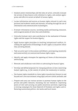 27
•	 Analyze power relationships and the roles of actors, critically evaluate
the actions of duty bearers with reference to rights, and analyze appro-
priate and effective action on behalf of human rights;
•	 Locate information and sources on human rights relevant to one’s own
personal and academic needs and interests, including through the use of
information and communication technologies;
•	 Evaluate information sources, including media and learning resources,
and recognize points of view, bias and reliability;
•	 Critically evaluate one’s own contribution to the realization of human
rights and the respect for human dignity;
•	 Apply human rights principles in resolving interpersonal conflicts, in-
cluding the application of knowledge of one’s rights in situations where
they are being denied;
•	 Take an active part in discussions and debates, participating sensitively
and constructively on controversial human rights topics;
•	 Identify and apply strategies for opposing all forms of discrimination
and bullying;
•	 Network and collaborate with others in advocating for human rights;
•	 Develop and defend proposals for changing policies or laws concerning
human rights (e.g., in the context of school, the community or society);
•	 Use human rights standards to claim rights towards duty bearers in and
beyond one’s own environment using legal and non-violent methods; and
•	 Prepare and carry out various actions to promote human rights in the
private and public domains, including, but not limited to: expressing
points of view and carrying out public-awareness activities; organizing
or joining campaigns for those deprived of freedoms and rights; and in-
fluencing mainstream politics, the media and local issues.
2. Core competencies
 