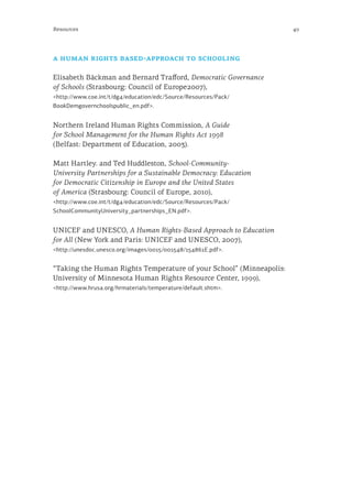 49Resources
a human rights based-approach to schooling
Elisabeth Bäckman and Bernard Trafford, Democratic Governance
of Schools (Strasbourg: Council of Europe2007),
<http://www.coe.int/t/dg4/education/edc/Source/Resources/Pack/
BookDemgovernchoolspublic_en.pdf>.
Northern Ireland Human Rights Commission, A Guide
for School Management for the Human Rights Act 1998
(Belfast: Department of Education, 2003).
Matt Hartley. and Ted Huddleston, School-Community-
University Partnerships for a Sustainable Democracy: Education
for Democratic Citizenship in Europe and the United States
of America (Strasbourg: Council of Europe, 2010),
<http://www.coe.int/t/dg4/education/edc/Source/Resources/Pack/
SchoolCommunityUniversity_partnerships_EN.pdf>.
UNICEF and UNESCO, A Human Rights-Based Approach to Education
for All (New York and Paris: UNICEF and UNESCO, 2007),
<http://unesdoc.unesco.org/images/0015/001548/154861E.pdf>.
“Taking the Human Rights Temperature of your School” (Minneapolis:
University of Minnesota Human Rights Resource Center, 1999),
<http://www.hrusa.org/hrmaterials/temperature/default.shtm>.
 