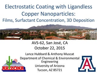 Electrostatic Coating with Ligandless
Copper Nanoparticles:
Films, Surfactant Concentration, 3D Deposition
AVS-62, San José, CA
October 22, 2015
Lance Hubbard & Anthony Muscat
Department of Chemical & Environmental
Engineering
University of Arizona
Tucson, AZ 85721
 