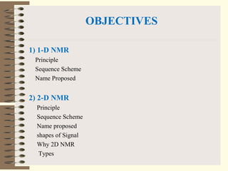 OBJECTIVES
1) 1-D NMR
Principle
Sequence Scheme
Name Proposed
2) 2-D NMR
Principle
Sequence Scheme
Name proposed
shapes of Signal
Why 2D NMR
Types
 