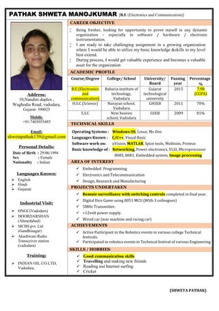 PATHAK SHWETA MANOJKUMAR [B.E (Electronics and Communication)]
Address:
10,Nandini duplex ,
Waghodia Road, vadodara,
Gujarat- 390025
Mobile:
+91-7405055485
Email:
shwetapathak139@gmail.com
Personal Details:
Date of Birth : 29/06/1994
Sex : Female
Nationality : Indian
Languages Known:
 English
 Hindi
 Gujarati
Industrial Visit:
 ONGC(Vadodara)
 DOORDARSHAN
(Ahmedabad)
 MCBS pvt. Ltd
(Gandhinagar)
 Akashwani Radio
Transceiver station
(vadodara)
Training:
 INDIAN OIL CO.LTD,
Vadodara.
CAREER OBJECTIVE
 Being fresher, looking for opportunity to prove myself in any dynamic
organization – especially in software / hardware / electronic
instrumentation.
 I am ready to take challenging assignment in a growing organization
where I would be able to utilize my basic knowledge &skills to my level
best extend.
 During process, I would get valuable experience and becomes a valuable
asset for the organization
ACADEMIC PROFILE
Course/Degree College/ School University/
Board
Passing
year
Percentage
%
B.E (Electronics
and
communication)
Babaria institute of
technology,
Vadodara
Gujarat
technological
university
2015 7.98
(CGPA)
H.S.C (Science) Narayan school,
Vadodara
GHSEB 2011 70%
S.S.C New heaven
school, Vadodara
GSEB 2009 81%
TECHNICAL SKILLS
Operating Systems : Windows OS, Linux, Ms-Dos
Languages Known : C/C++, Visual Basic
Software work on: uVision, MATLAB, Spice tools, Multisim, Proteus
Basic knowledge of : Networking, Power electronics, VLSI, Microprocessor
8085, 8081, Embedded system, Image processing
AREA OF INTEREST
 Embedded Programming
 Electronics and Telecommunication
 Design, Research and Manufacturing
PROJECTS UNDERTAKEN
 Remote surveillance with switching controls completed in final year.
 Digital Dice Game using 8051 MCU (With 3 colleagues)
 5MHz Transmitter.
 +12volt power supply.
 Wired car (war machine and racing car)
ACHIEVEMENTS
 Active Participant in the Robotics events in various college Technical
festivals.
 Participated in robotics events in Technical festival of various Engineering
SKILLS / HOBBIES:
 Good communication skills
 Travelling and making new friends
 Reading and Internet surfing
 Cricket
(SHWETA PATHAK)
 