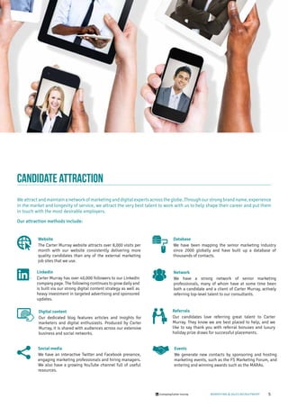 5/company/carter-murray MARKETING & SALES RECRUITMENT
CANDIDATE ATTRACTION
Weattractandmaintainanetworkofmarketinganddigitalexpertsacrosstheglobe.Throughourstrongbrandname,experience
in the market and longevity of service, we attract the very best talent to work with us to help shape their career and put them
in touch with the most desirable employers.
Our attraction methods include:
Digital content
Our dedicated blog features articles and insights for
marketers and digital enthusiasts. Produced by Carter
Murray, it is shared with audiences across our extensive
business and social networks.
Website
The Carter Murray website attracts over 8,000 visits per
month with our website consistently delivering more
quality candidates than any of the external marketing
job sites that we use.
Linkedin
Carter Murray has over 40,000 followers to our LinkedIn
company page. The following continues to grow daily and
is built via our strong digital content strategy as well as
heavy investment in targeted advertising and sponsored
updates.
Events
We generate new contacts by sponsoring and hosting
marketing events, such as the FS Marketing Forum, and
entering and winning awards such as the MARAs.
Network
We have a strong network of senior marketing
professionals, many of whom have at some time been
both a candidate and a client of Carter Murray, actively
referring top-level talent to our consultants.
Database
We have been mapping the senior marketing industry
since 2000 globally and have built up a database of
thousands of contacts.
Social media
We have an interactive Twitter and Facebook presence,
engaging marketing professionals and hiring managers.
We also have a growing YouTube channel full of useful
resources.
Referrals
Our candidates love referring great talent to Carter
Murray. They know we are best placed to help, and we
like to say thank you with referral bonuses and luxury
holiday prize draws for successful placements.
 